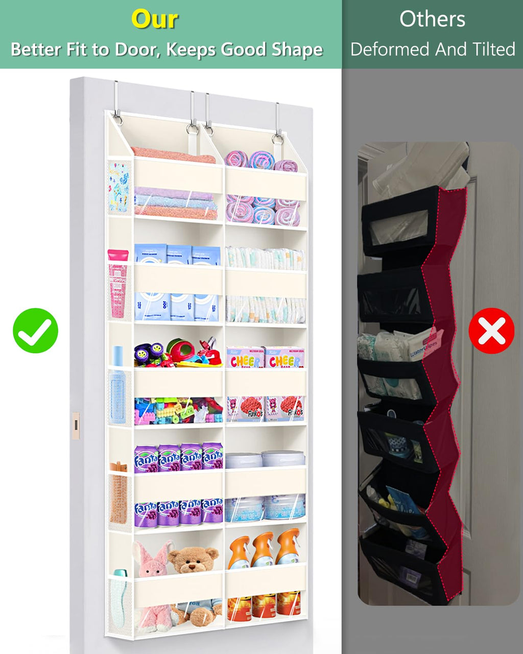 Heavy Duty Over The Door Organizer 5 Tiers, Extra Large Behind Door Storage of 10 Big Front & 10 Mesh Pockets, 80lb Weight Capacity, Hanging Doors Storage Organizer for Closet Bedroom Nursery, Grey