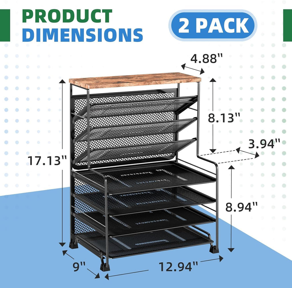 Simple Trending 7 Tier Desk File Organizer, Letter Tray Paper Organizer with Pen Holder and Metal Hanging Basket, Black