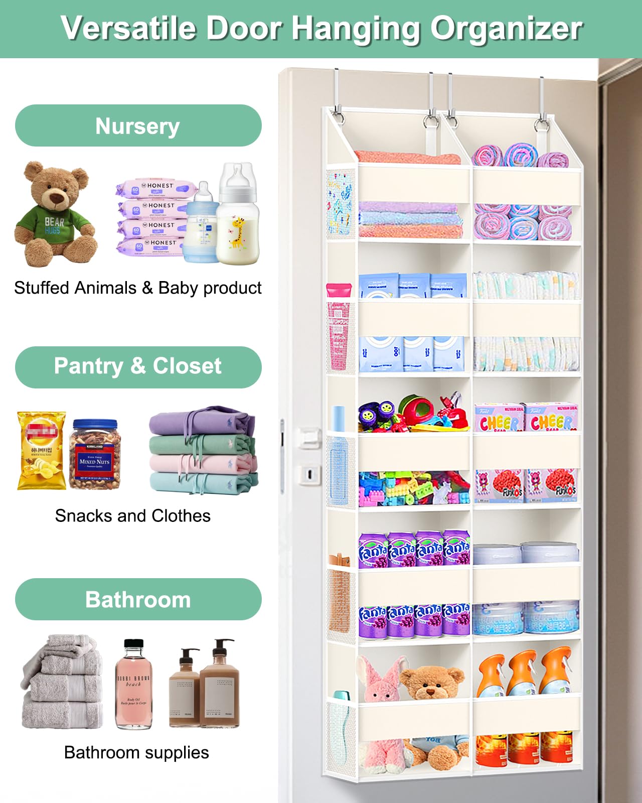 Heavy Duty Over The Door Organizer 5 Tiers, Extra Large Behind Door Storage of 10 Big Front & 10 Mesh Pockets, 80lb Weight Capacity, Hanging Doors Storage Organizer for Closet Bedroom Nursery, Grey