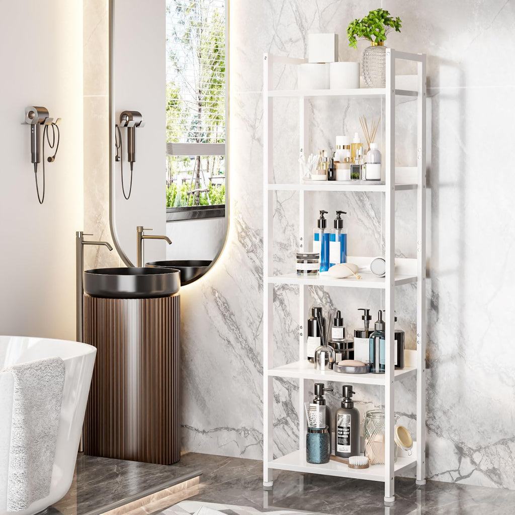 Furologee 5 Tier Bookshelf with Drawer, Tall Narrow Bookcase with Shelves, Wood and Metal Bookshelves Storage Organizer, Industrial Display Standing Shelf Unit for Bedroom, Living Room, Rustic Brown