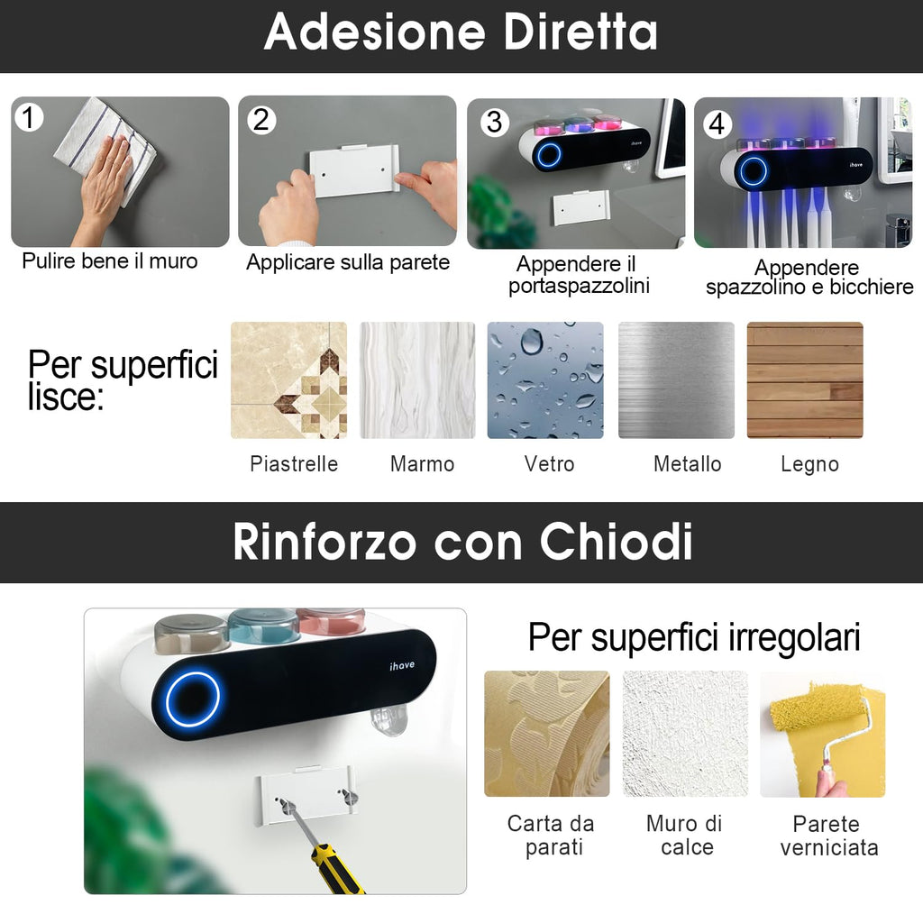 iHave Wall Mounted Electric Toothbrush Holders with 3 Cups, UV Sanitizer, Toothpaste Dispenser, Smart Home Bathroom Accessories & Decor, Black