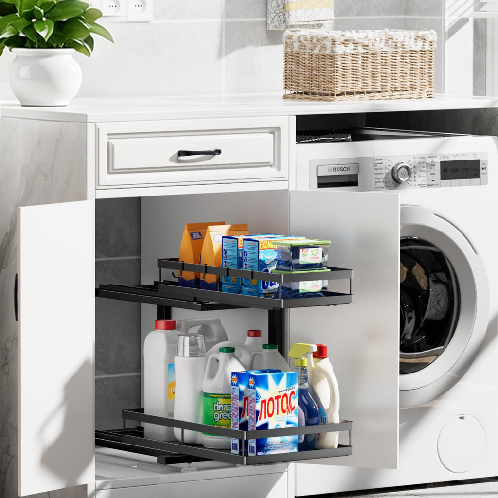 Under Sink Organizer, JCYLQ Dual-Rail Ball-Bearing, Under Kitchen Sink Organizer, 6-Level Adjustable, Under Cabinet Storage, No-Drill Adhesive/Suction, Under Sink Organizers and Storage (2-Pack)