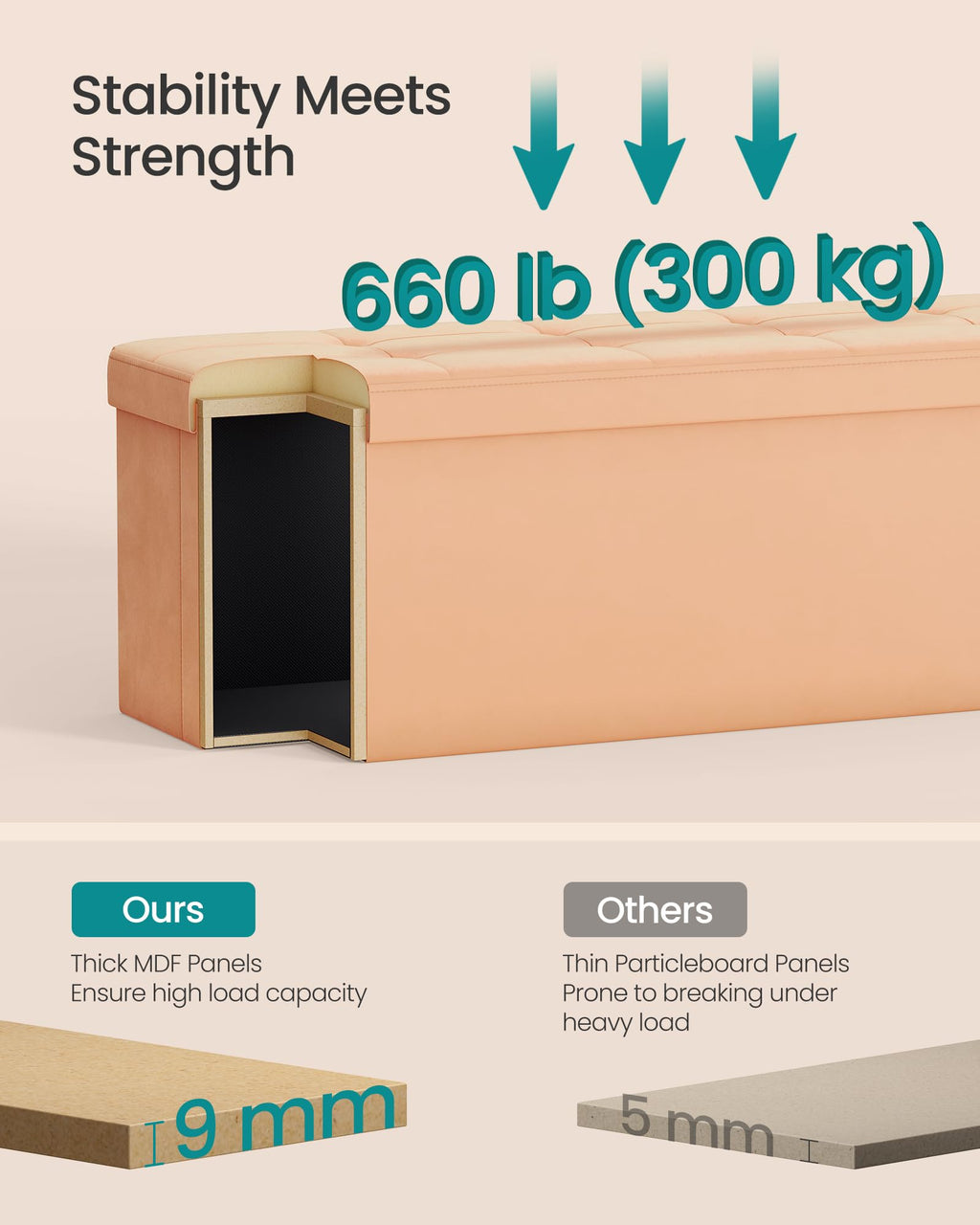 SONGMICS Mazie Collection - Storage Ottoman Bench, Foldable Foot Rest, 15 x 43 x 15 Inches, End of Bed Bench, Storage Chest, Load 660 lb, Living Room, Bedroom, Entryway, Jelly Pink ULSF277R01