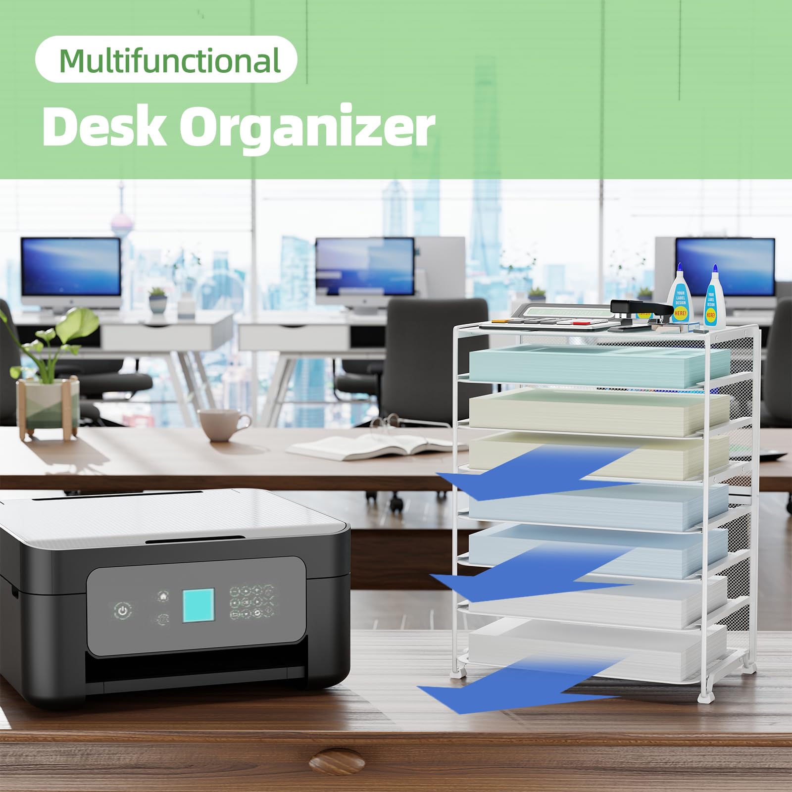 Simple Trending 7 Tier Desk File Organizer, Letter Tray Paper Organizer with Pen Holder and Metal Hanging Basket, Black