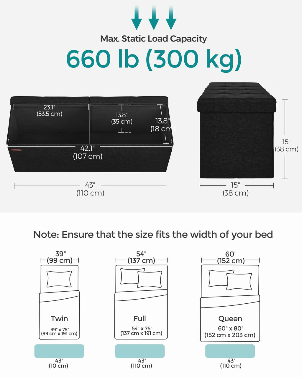 SONGMICS Mazie Collection - 30 Inches Folding Storage Ottoman Bench, Ottoman Foot Rest, End of Bed Bench, Storage Chest, Load 660 lb, for Living Room, Bedroom, Entryway, Ink Black ULSF047B01