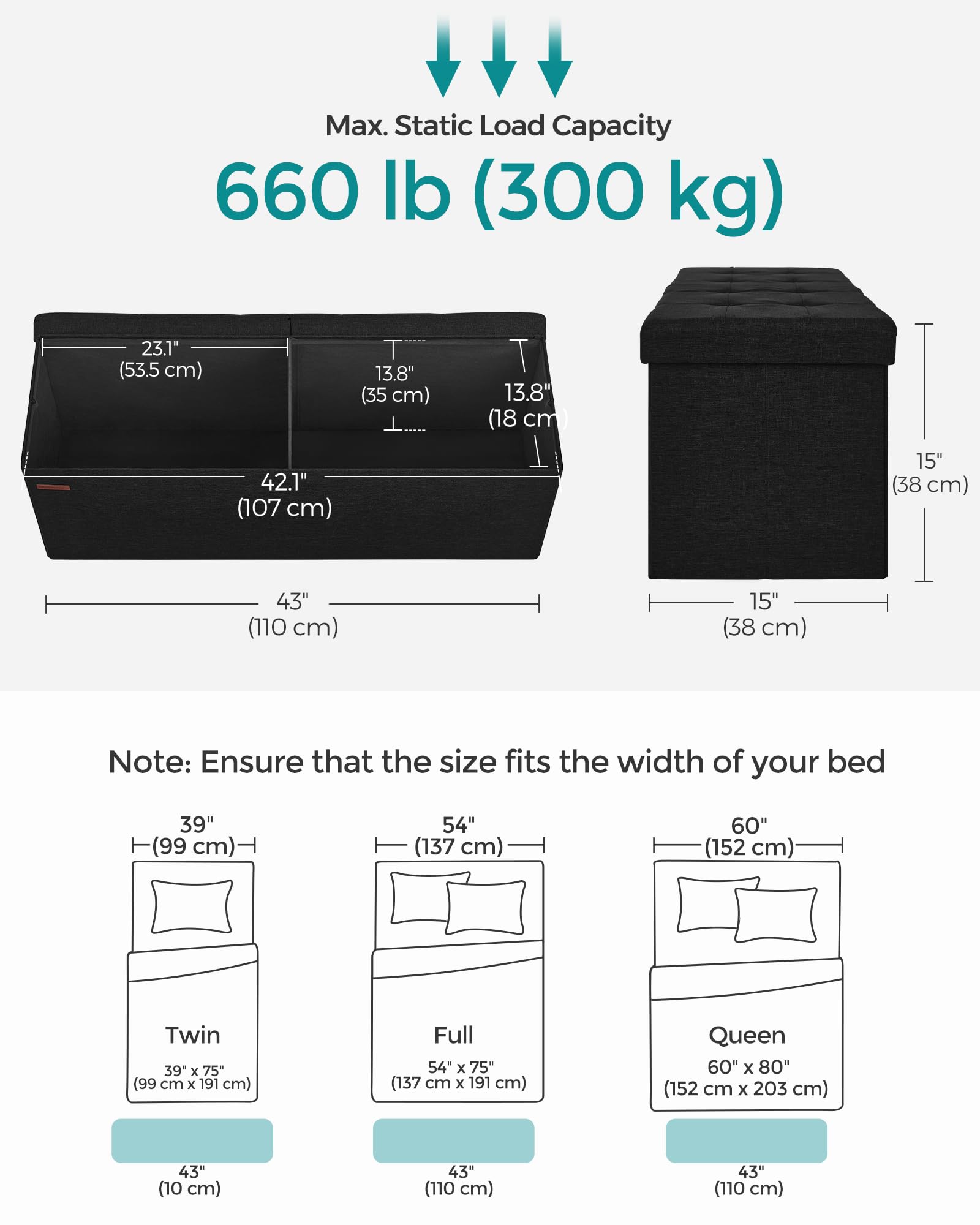 SONGMICS Mazie Collection - 30 Inches Folding Storage Ottoman Bench, Ottoman Foot Rest, End of Bed Bench, Storage Chest, Load 660 lb, for Living Room, Bedroom, Entryway, Ink Black ULSF047B01