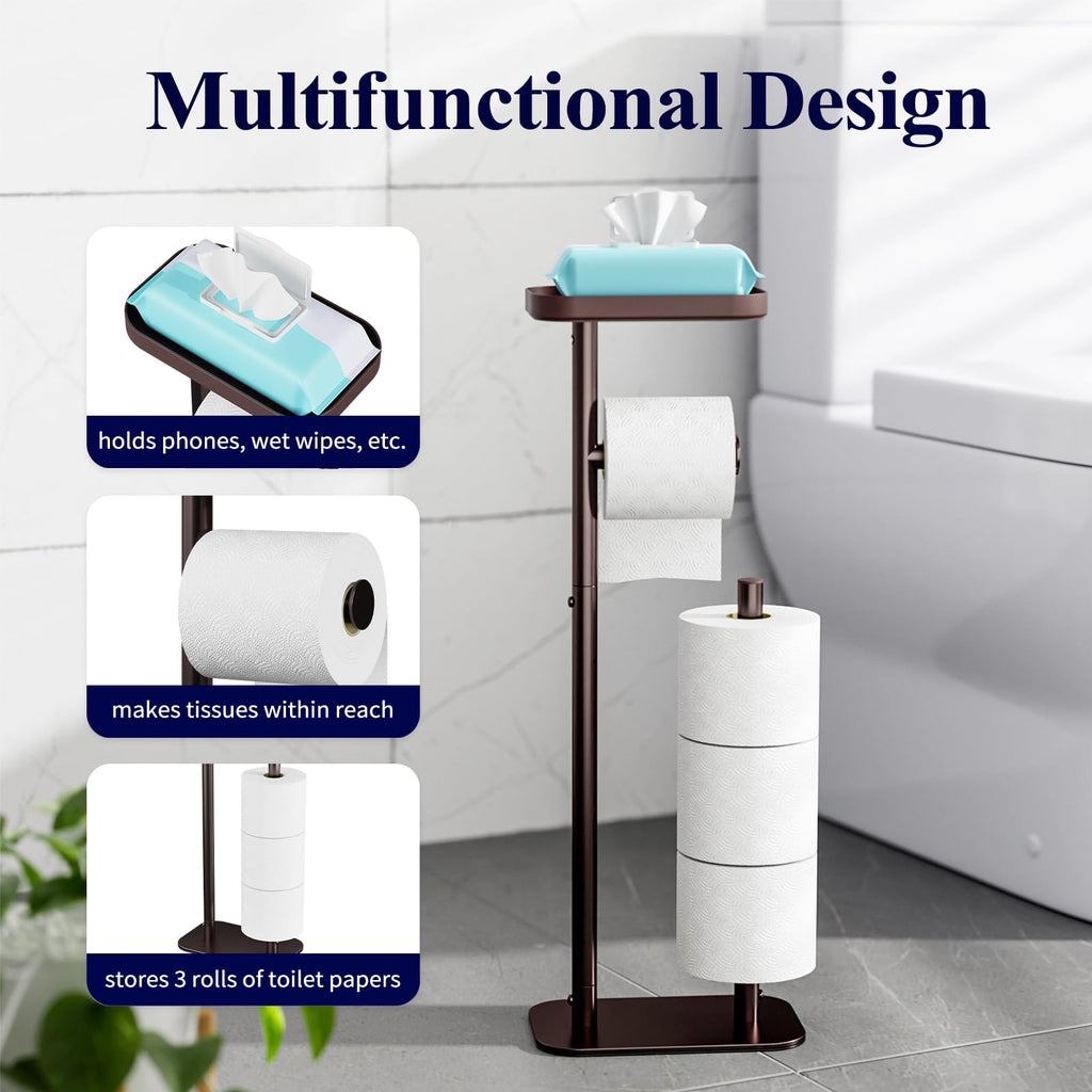 Kitsure Toilet Paper Holder Free Standing – Rustproof Metal Toilet Paper Stand for 4 Rolls with Anti-Slip Base and Shelf for Phone & Small Items, Bathroom Organizers and Storage, Medium, Black