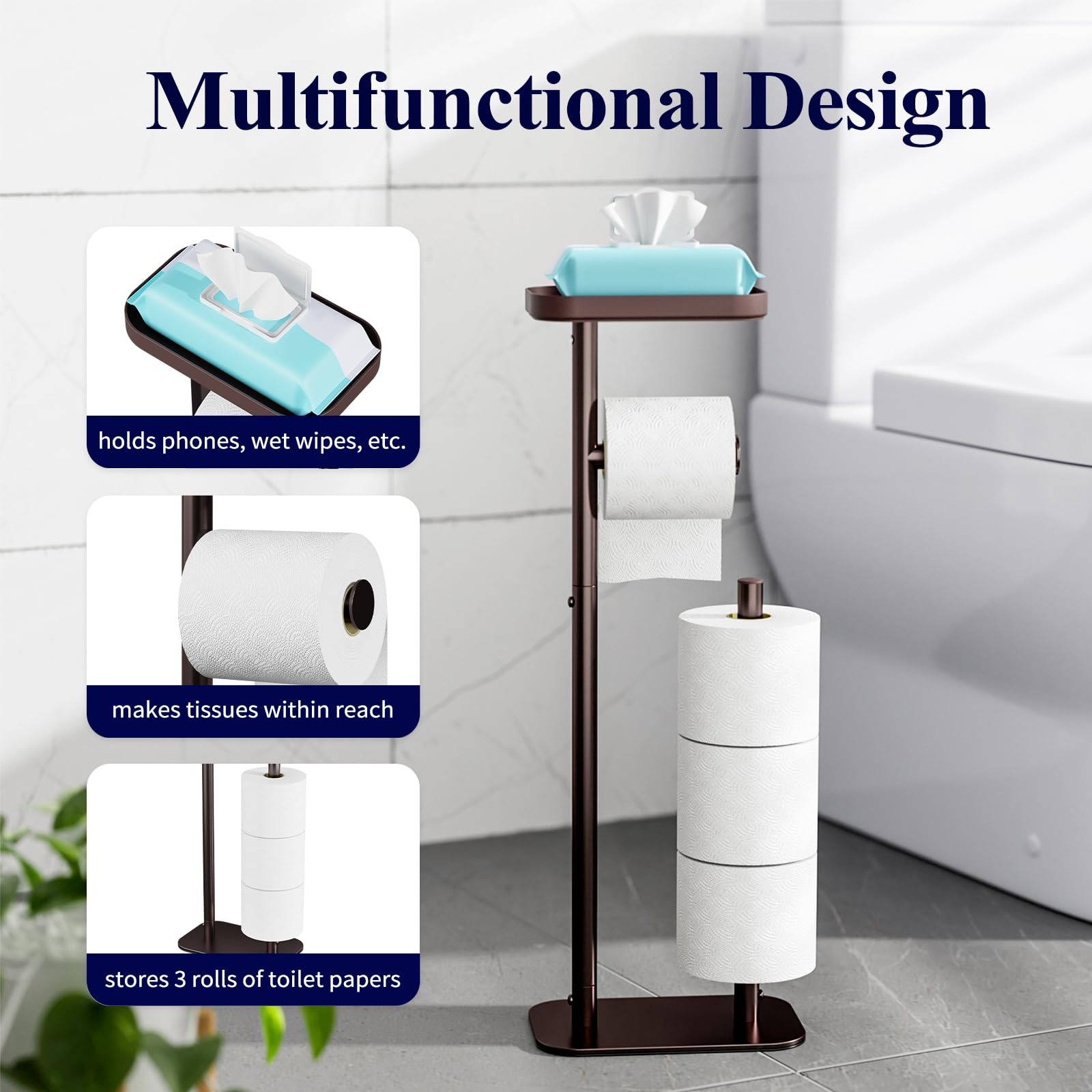 Kitsure Toilet Paper Holder Free Standing – Rustproof Metal Toilet Paper Stand for 4 Rolls with Anti-Slip Base and Shelf for Phone & Small Items, Bathroom Organizers and Storage, Medium, Black