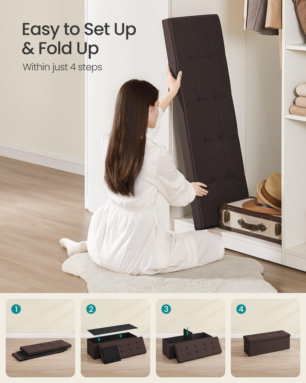 SONGMICS Mazie Collection - 30 Inches Folding Storage Ottoman Bench, Ottoman Foot Rest, End of Bed Bench, Storage Chest, Load 660 lb, for Living Room, Bedroom, Entryway, Ink Black ULSF047B01