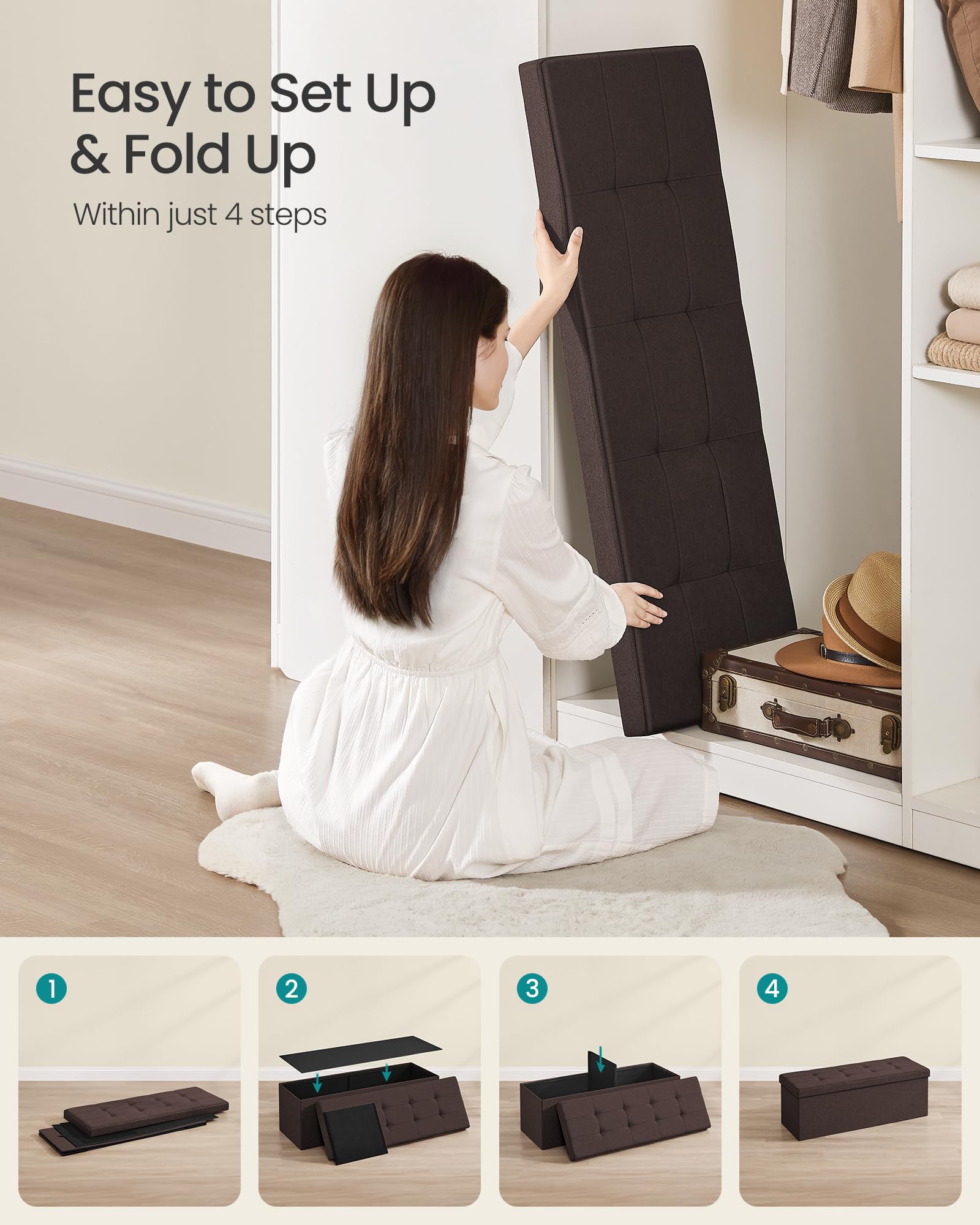 SONGMICS Mazie Collection - 30 Inches Folding Storage Ottoman Bench, Ottoman Foot Rest, End of Bed Bench, Storage Chest, Load 660 lb, for Living Room, Bedroom, Entryway, Ink Black ULSF047B01