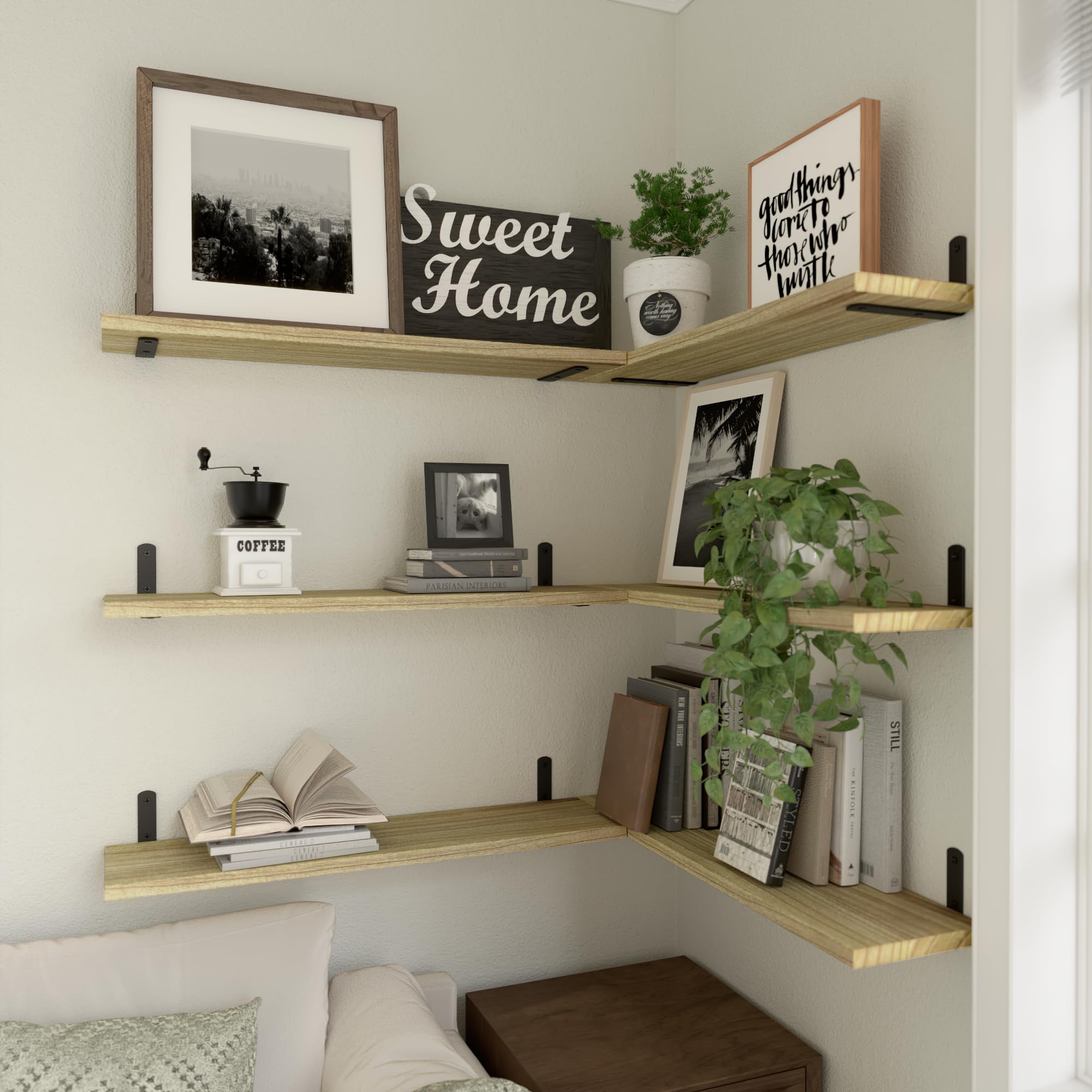 WOPITUES Wood Floating Shelves Set of 6, Shelves for Wall Decor, Farmhouse Shelf for Bedroom, Bathroom Storage Shelves, Book Shelves for Living Room - Rustic Brown