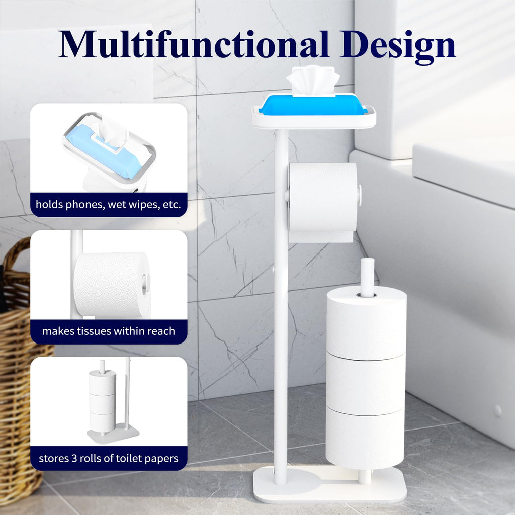 Kitsure Toilet Paper Holder Free Standing – Rustproof Metal Toilet Paper Stand for 4 Rolls with Anti-Slip Base and Shelf for Phone & Small Items, Bathroom Organizers and Storage, Medium, Black