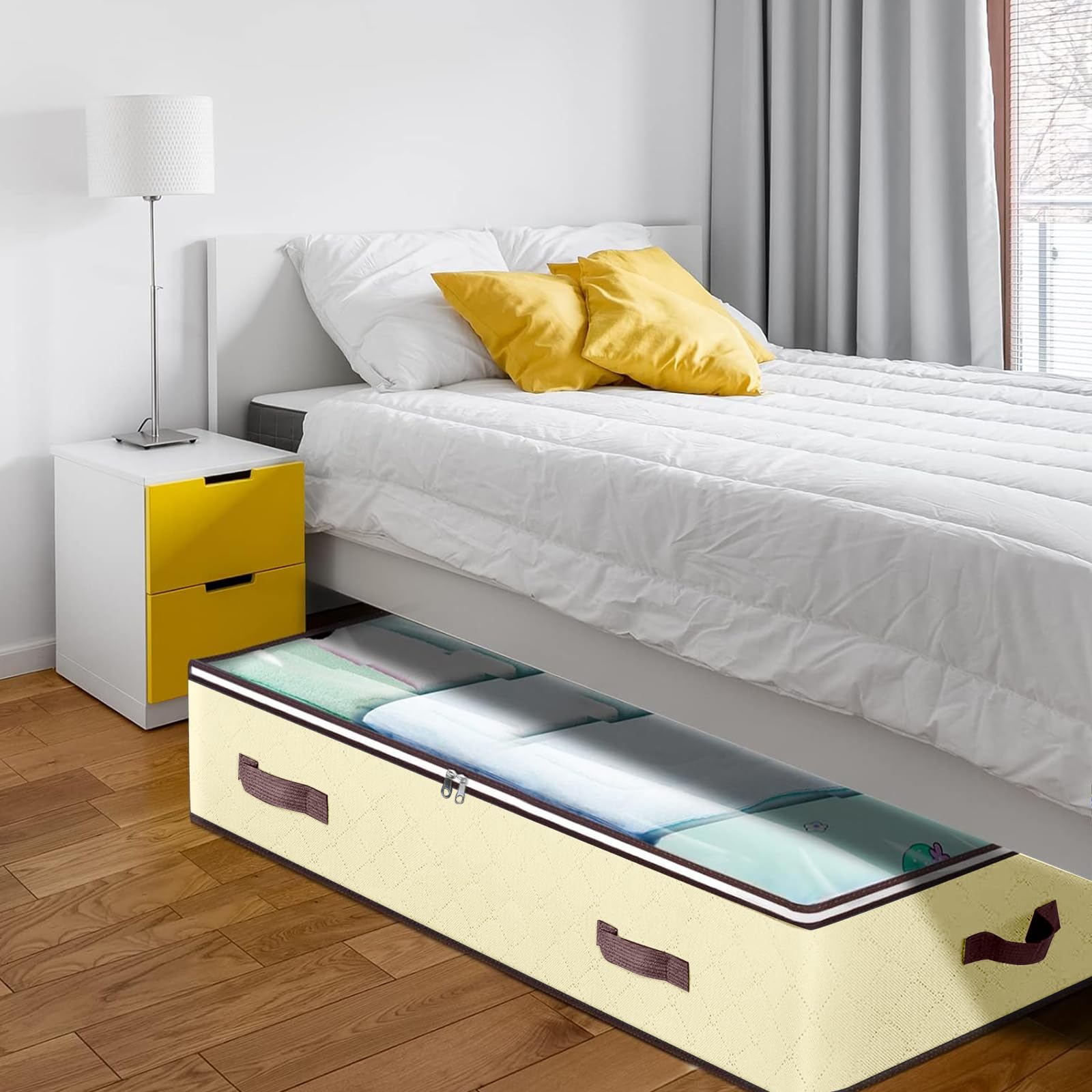 Budding Joy 90L Under Bed Storage Containers, Closet Organizers and Storage Bins, Foldable Underbed Storage Bags for Blanket, Clothing, Comforter, Sweaters, Pillows, Linen Sheets, Wrapping Paper, Grey