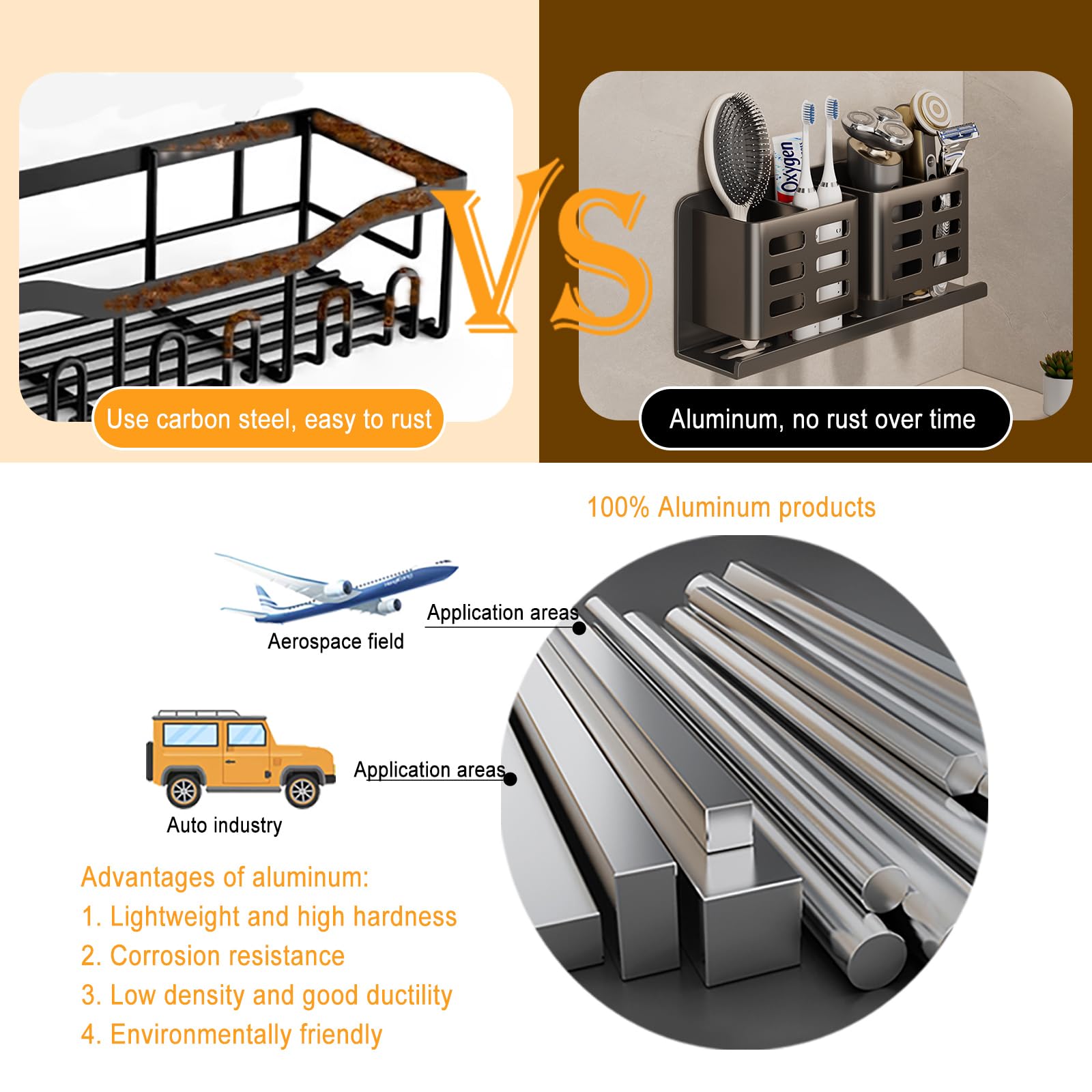 Aluminum Toothbrush Holder Self-Adhesive Hanging Bracket Shower Toothbrush Razor Holder Suitable for Toothbrush, Toothpaste, Razor and Comb etc Bathroom Storage