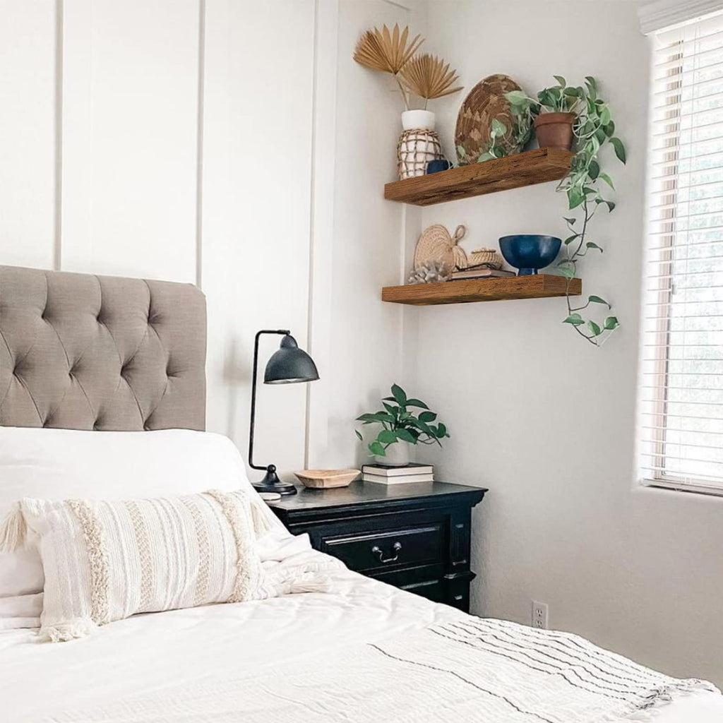 QEEIG Bathroom Floating Shelves for Wall - 15.7" Wall Mounted Shelf Over Toilet Farmhouse Home Decor Display Bookshelf Small 15.7 x 6.7 inch Set of 2, Rustic Brown (008-40BN)