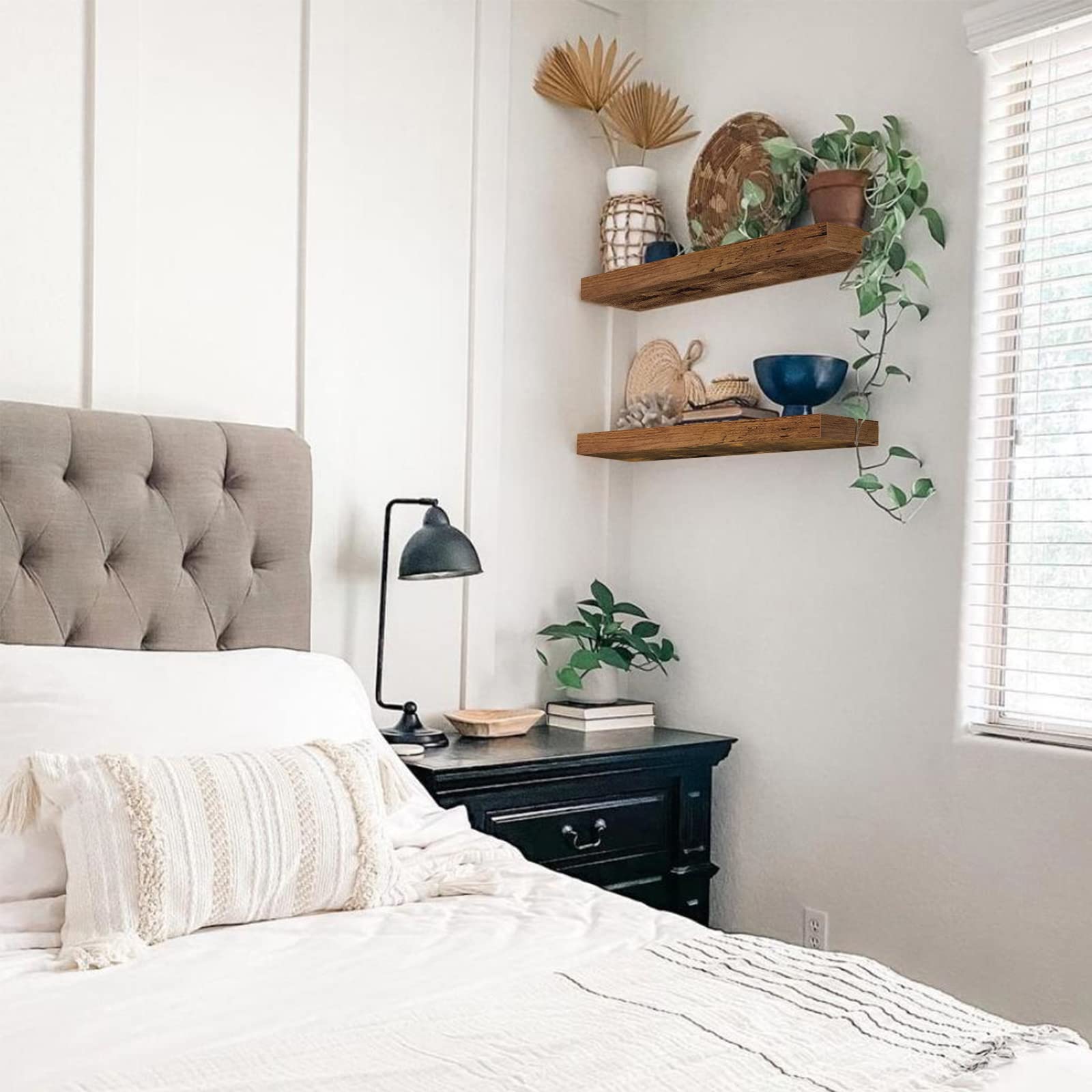 QEEIG Bathroom Floating Shelves for Wall - 15.7" Wall Mounted Shelf Over Toilet Farmhouse Home Decor Display Bookshelf Small 15.7 x 6.7 inch Set of 2, Rustic Brown (008-40BN)