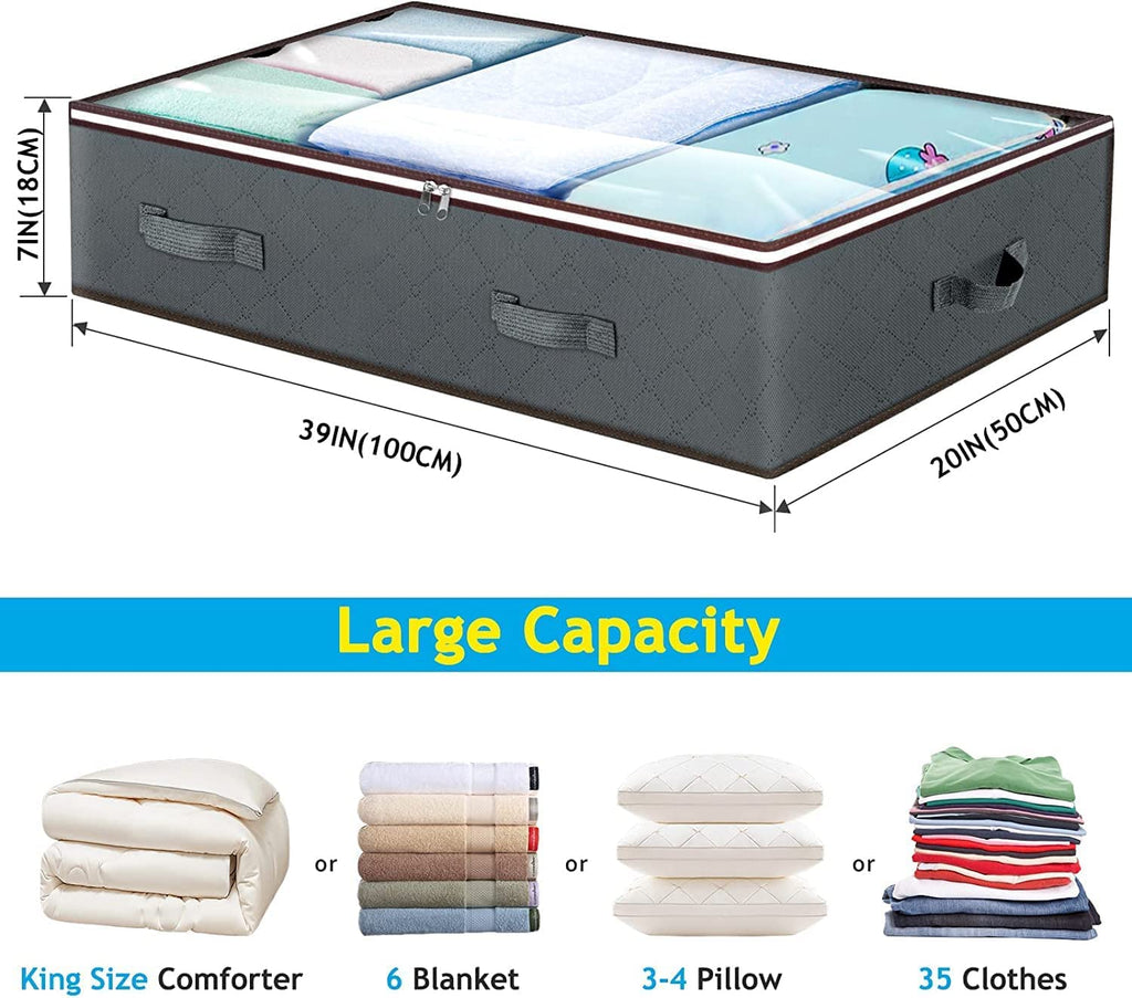 Budding Joy 90L Under Bed Storage Containers, Closet Organizers and Storage Bins, Foldable Underbed Storage Bags for Blanket, Clothing, Comforter, Sweaters, Pillows, Linen Sheets, Wrapping Paper, Grey