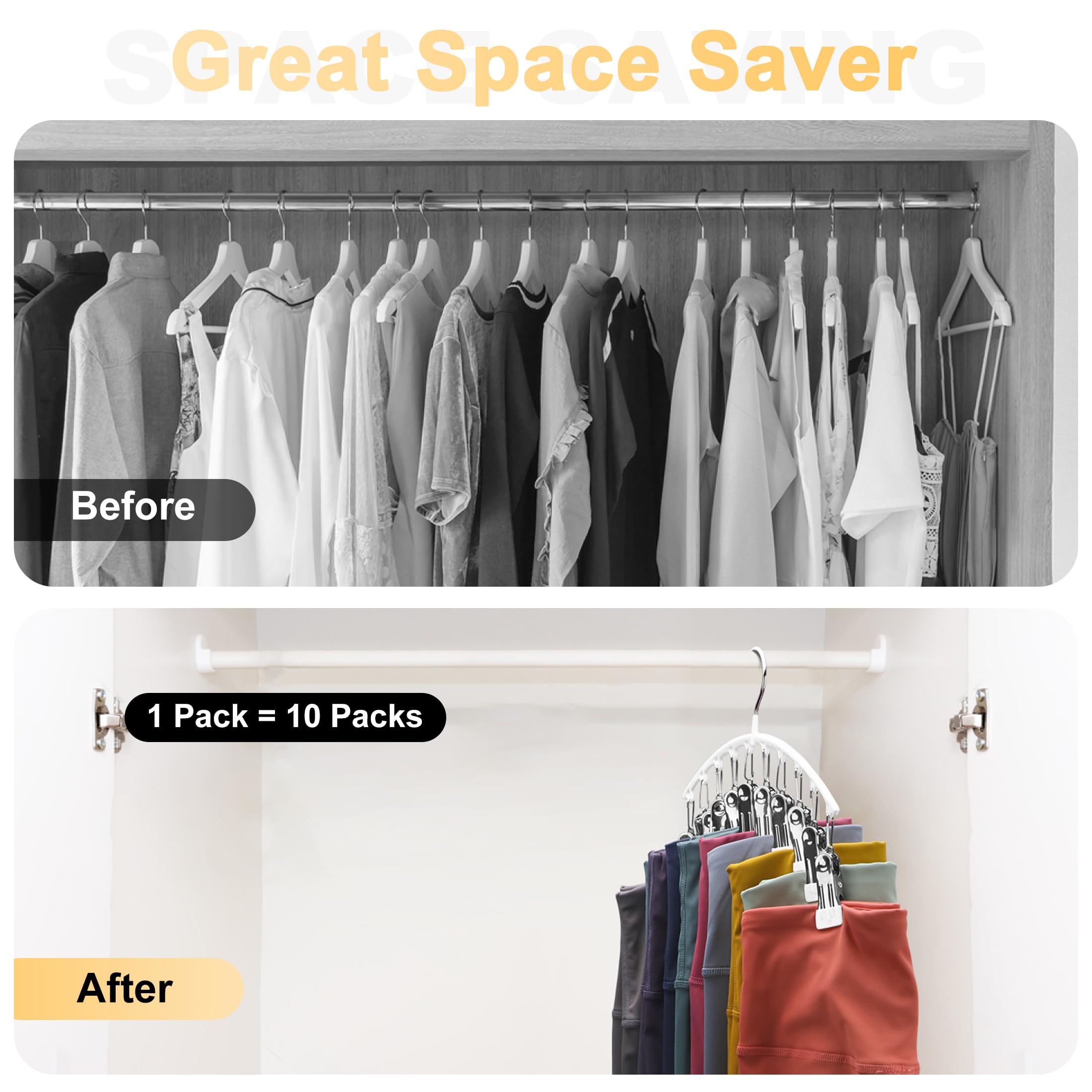 Legging Organizer for Closet, Metal Yoga Pants Hangers 2 Pack w/10 Clips Holds 20 Leggings, Space Saving Hanging Closet Organizer w/Rubber Coated Closet Organizers and Storage, Black