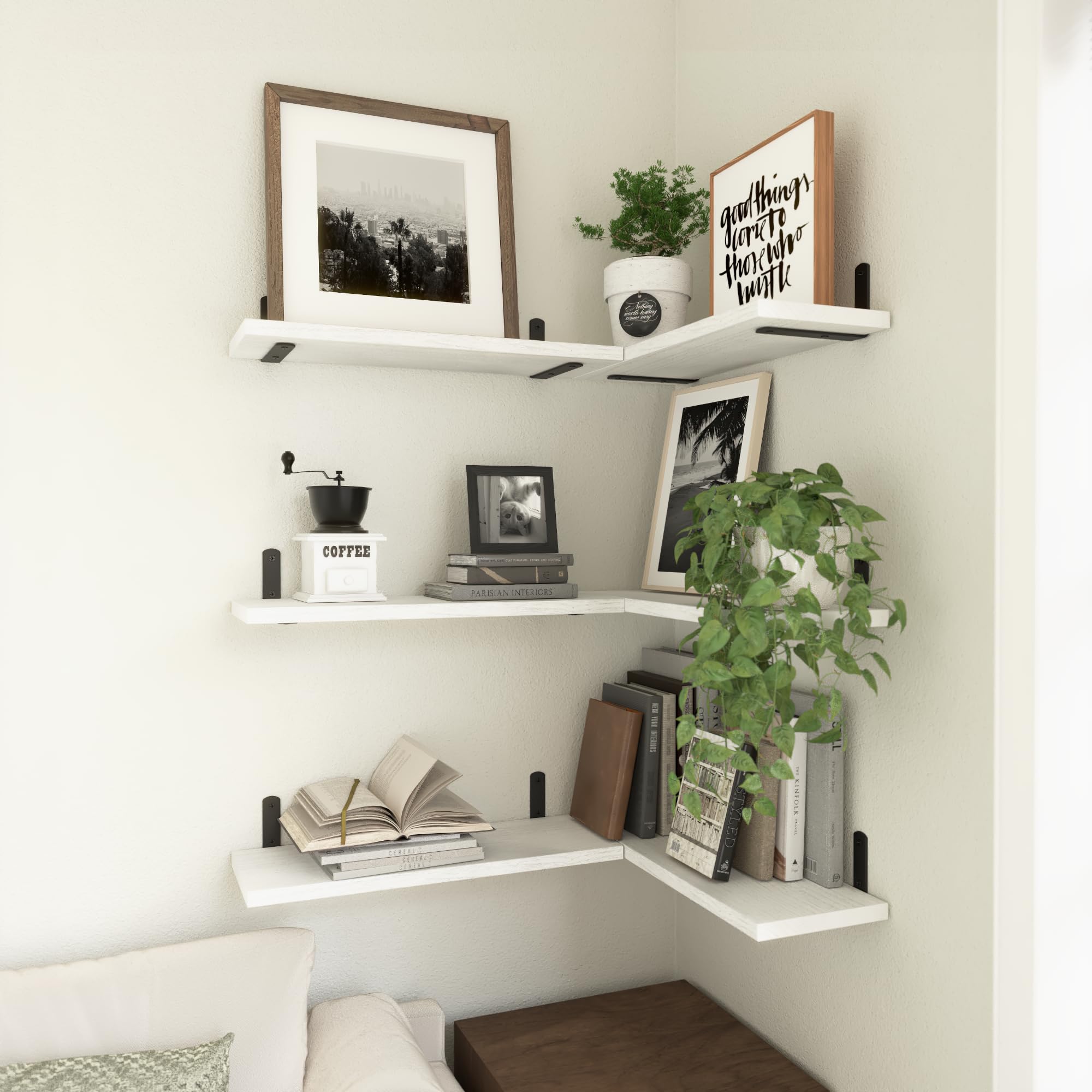 WOPITUES Wood Floating Shelves Set of 6, Shelves for Wall Decor, Farmhouse Shelf for Bedroom, Bathroom Storage Shelves, Book Shelves for Living Room - Rustic Brown