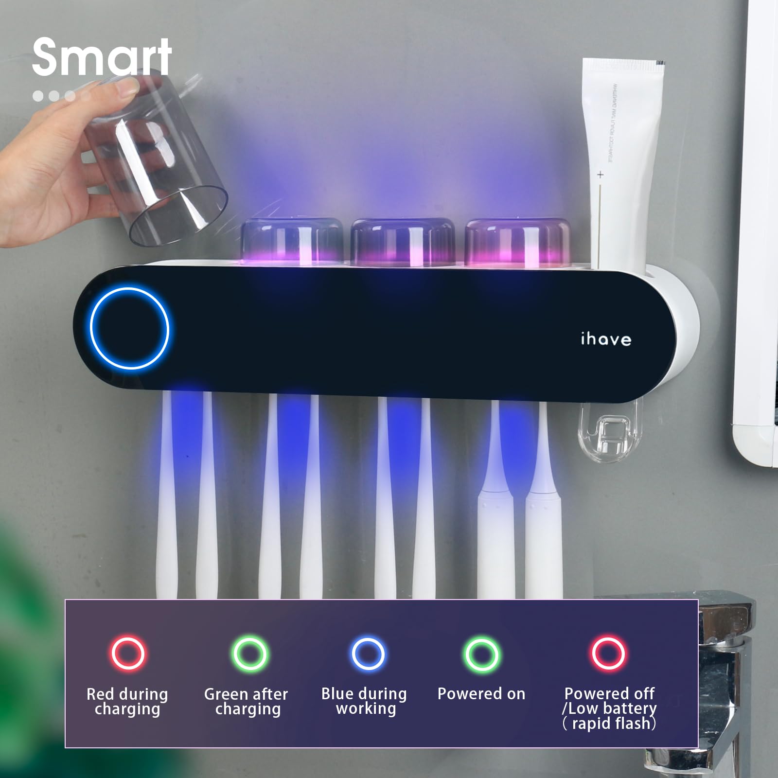 iHave Wall Mounted Electric Toothbrush Holders with 3 Cups, UV Sanitizer, Toothpaste Dispenser, Smart Home Bathroom Accessories & Decor, Black