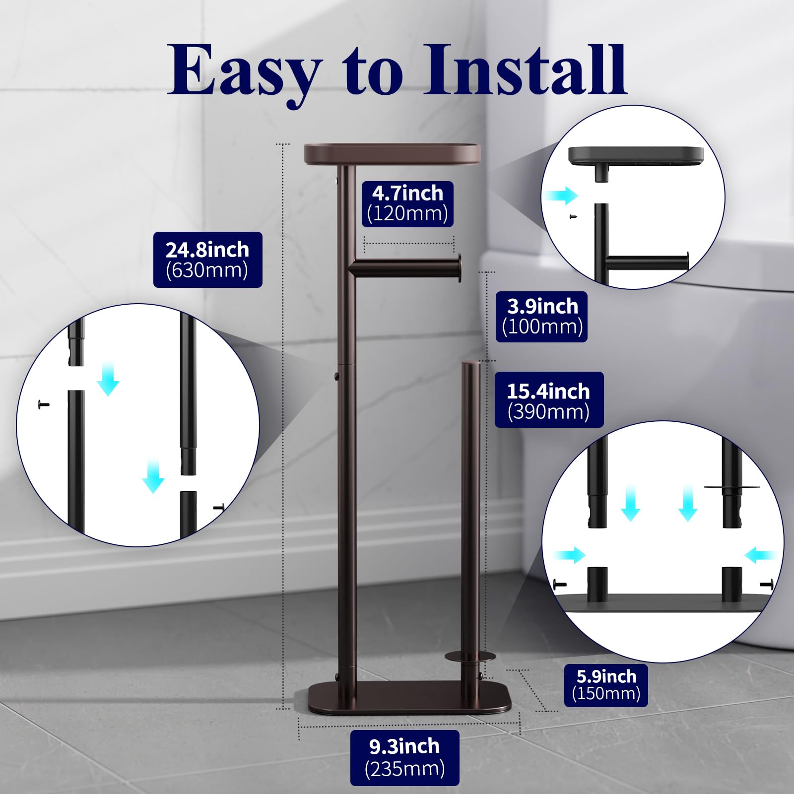 Kitsure Toilet Paper Holder Free Standing – Rustproof Metal Toilet Paper Stand for 4 Rolls with Anti-Slip Base and Shelf for Phone & Small Items, Bathroom Organizers and Storage, Medium, Black