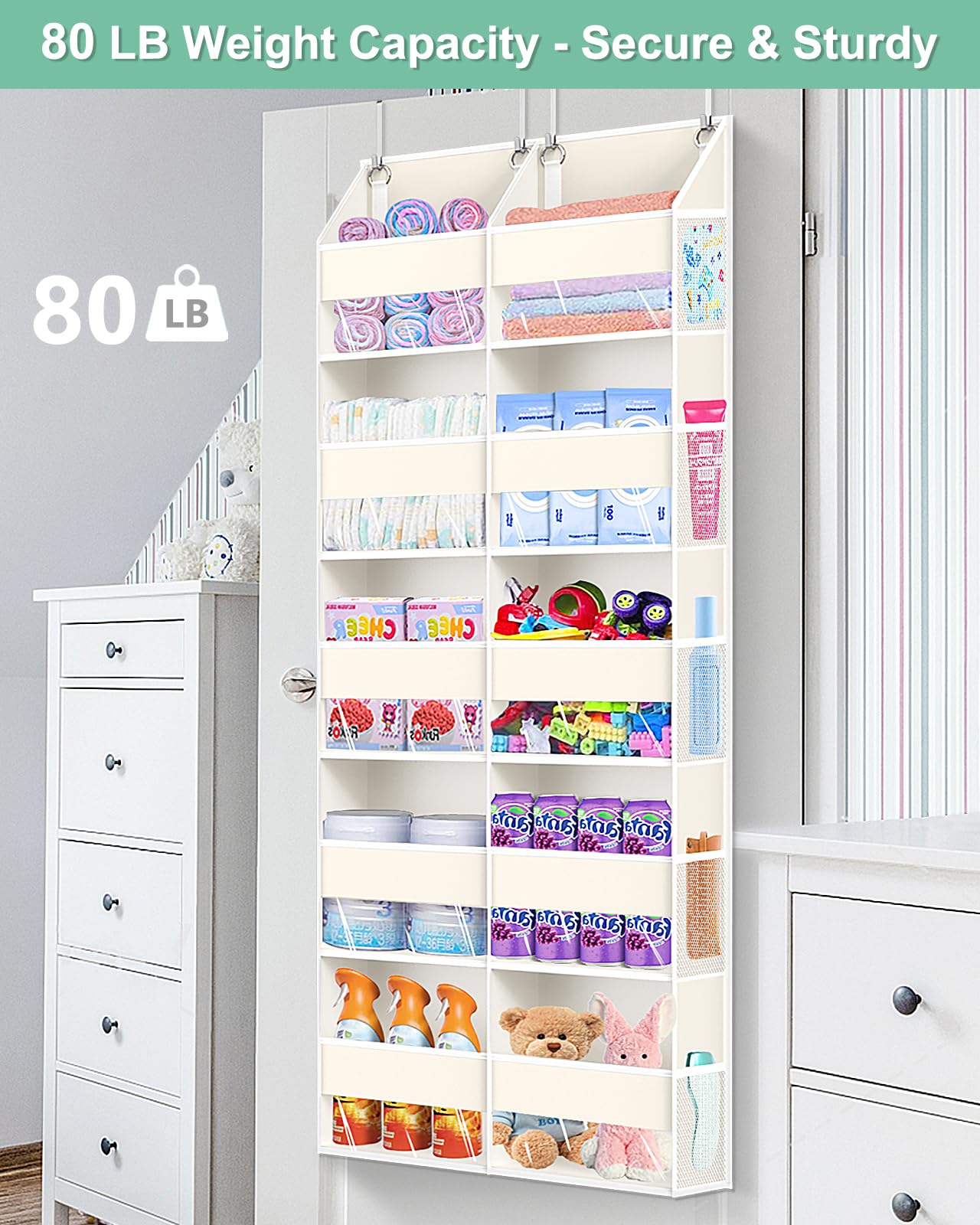 Heavy Duty Over The Door Organizer 5 Tiers, Extra Large Behind Door Storage of 10 Big Front & 10 Mesh Pockets, 80lb Weight Capacity, Hanging Doors Storage Organizer for Closet Bedroom Nursery, Grey