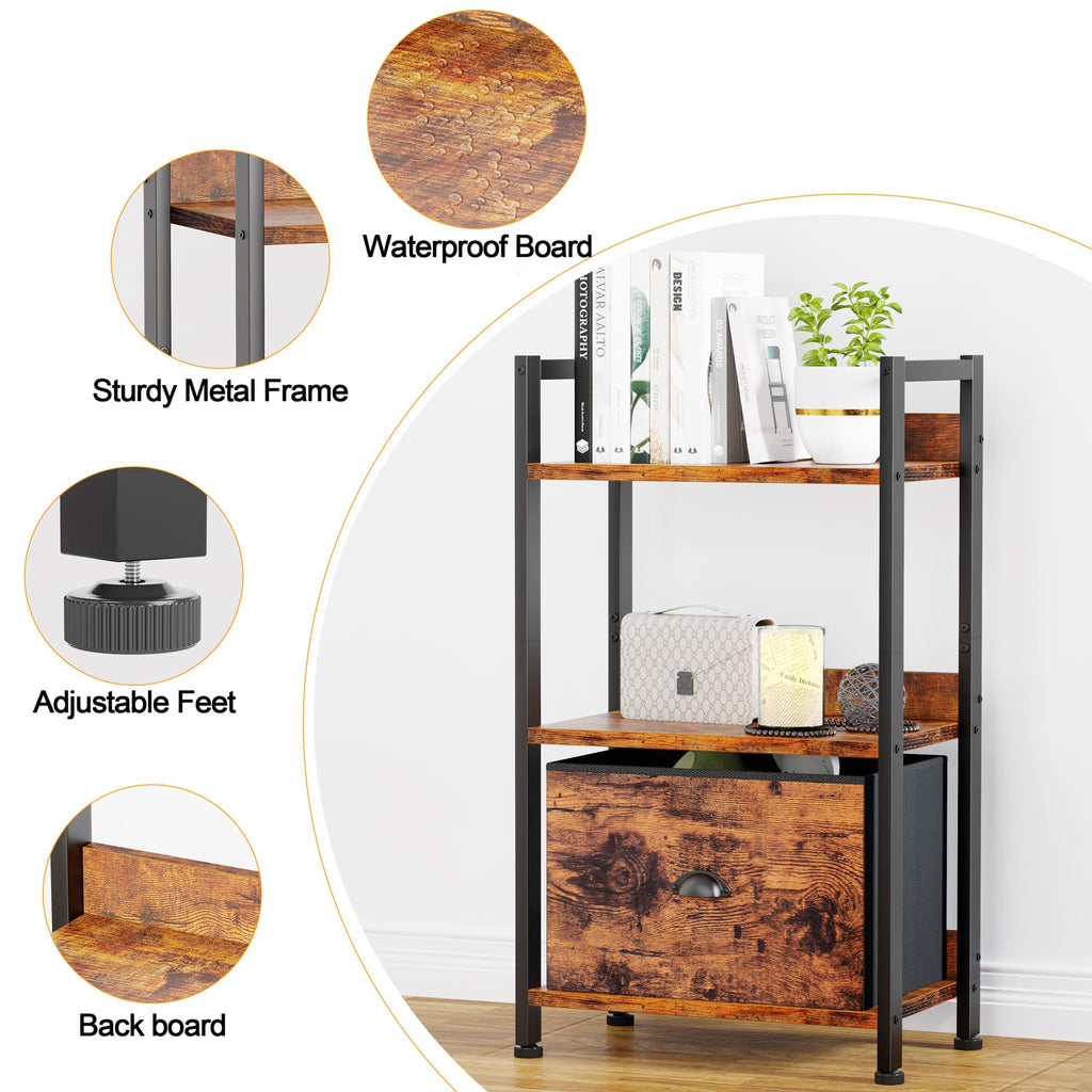 Furologee 5 Tier Bookshelf with Drawer, Tall Narrow Bookcase with Shelves, Wood and Metal Bookshelves Storage Organizer, Industrial Display Standing Shelf Unit for Bedroom, Living Room, Rustic Brown