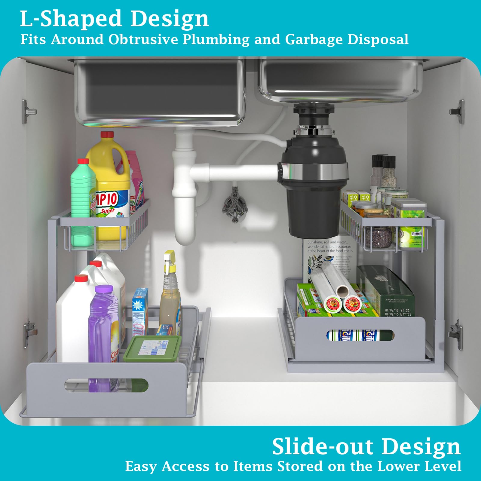 REALINN Under Sink Organizer, Pull Out Cabinet Organizer 2 Tier Slide Out Sink Shelf Cabinet Storage Shelves, Under Sink Storage for Kitchen Bathroom Cabinet, White, 1 Pack