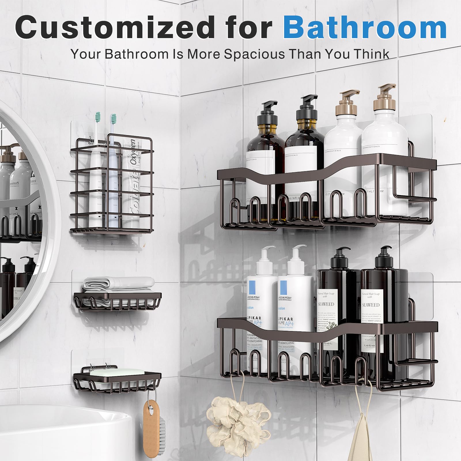 EUDELE Adhesive Shower Caddy, 5 Pack Rustproof Stainless Steel Bath Organizers With Large Capacity, No Drilling Shelves for Bathroom Storage & Home Decor