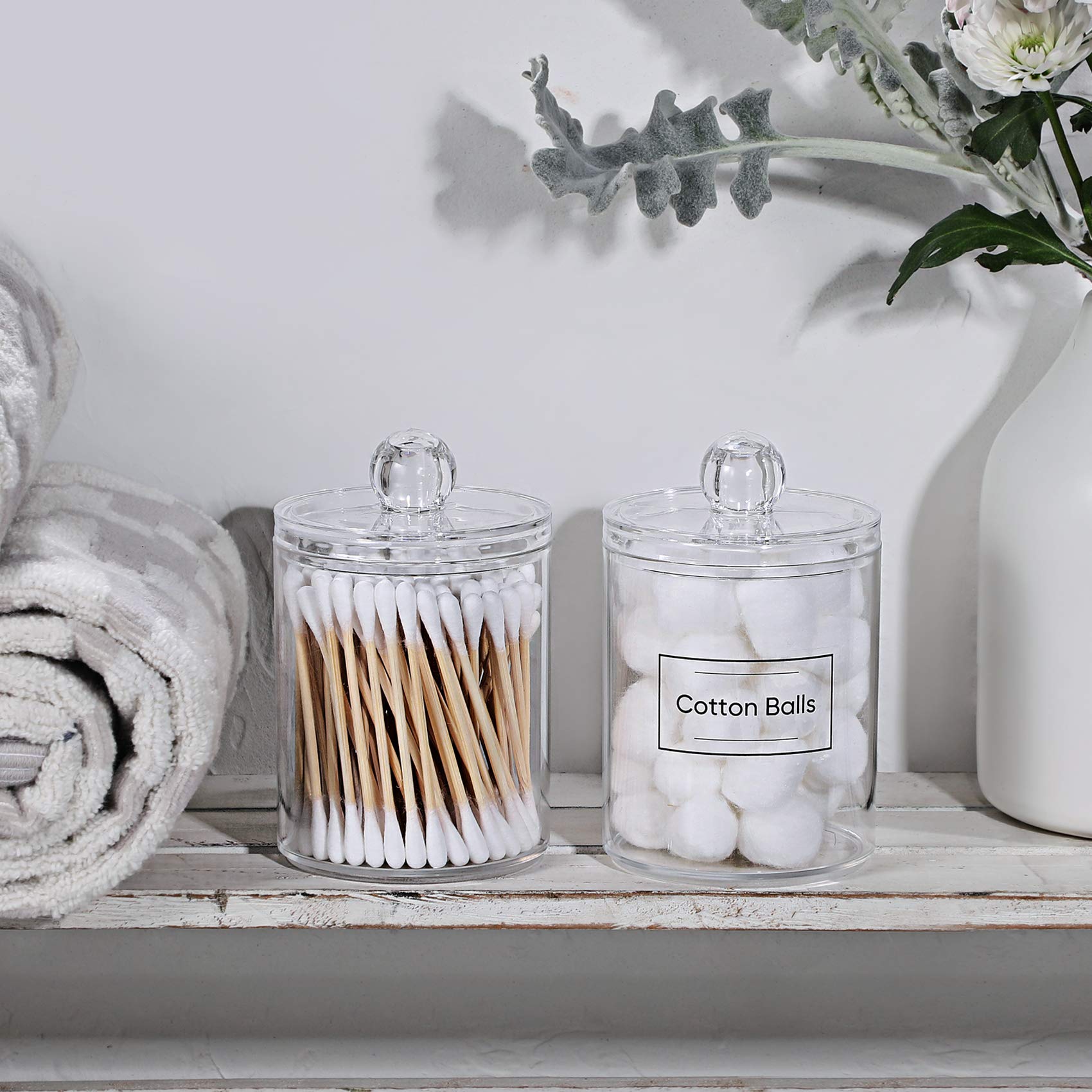 4 Pack Acrylic Qtip Holder Dispenser for Cotton Swabs, Balls, Pads, Floss Picks- Small Clear Plastic Canister Apothecary Jar Set, Bathroom Essentials Accessories Decor, Vanity Makeup Storage Organizer