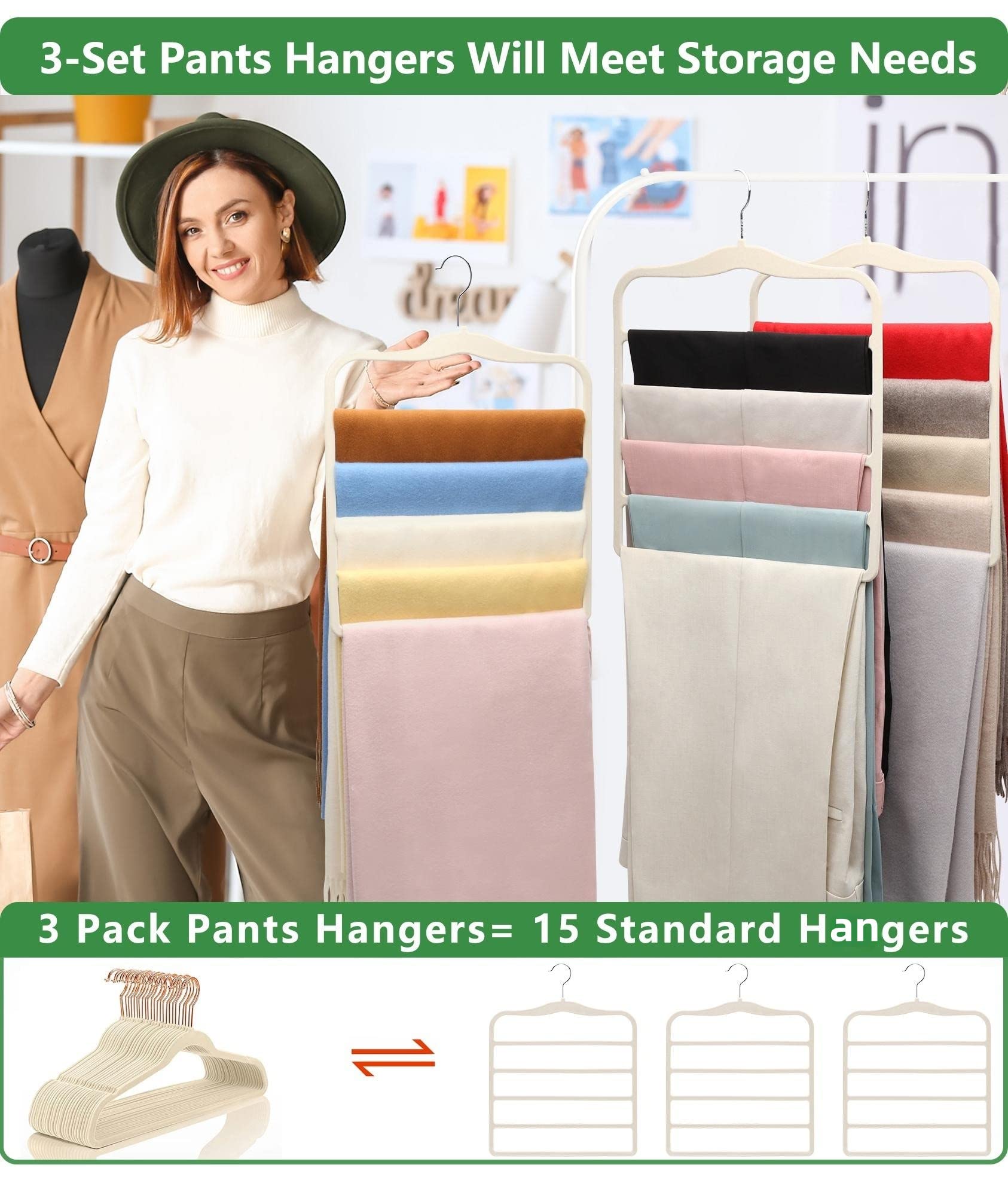 Closet Organizers and Storage,3 Pack Organization and Storage Pants-Hangers-Space-Saving,Velvet Hanger for Dorm Room for College Students Girls Boys Guys Hanging Jean Scarf