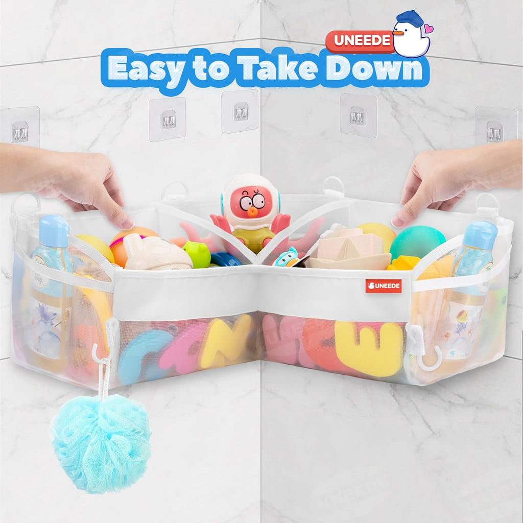 UNEEDE Bath Toy Storage - 3 Compartment Corner Bath Toy Storage Organizer, 4 Gallons Quick-Drying Bath Toy Holder, Machine-Washable Bathtub Toy Storage for Classify Toys & Bath Supplies