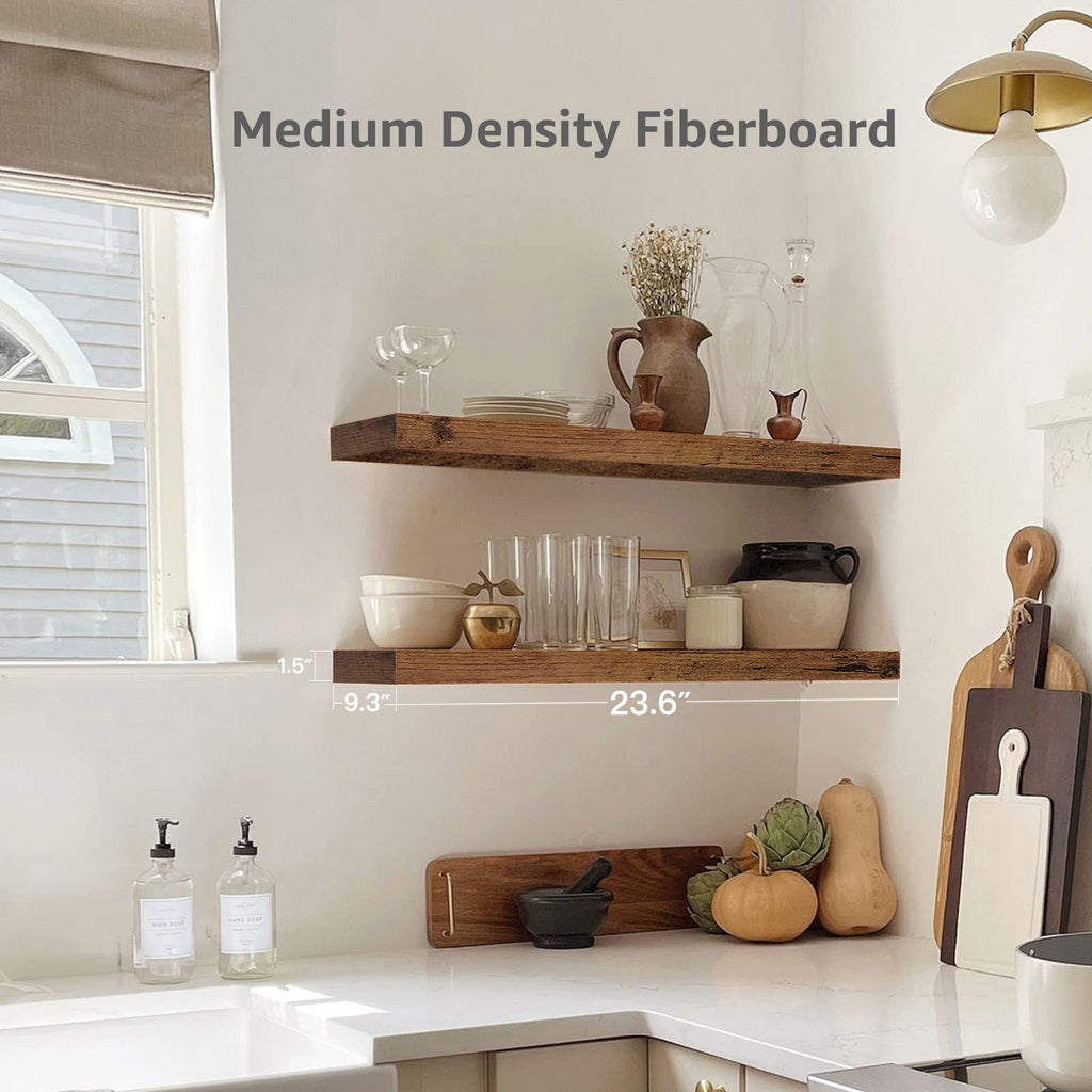 QEEIG Bathroom Floating Shelves for Wall - 15.7" Wall Mounted Shelf Over Toilet Farmhouse Home Decor Display Bookshelf Small 15.7 x 6.7 inch Set of 2, Rustic Brown (008-40BN)