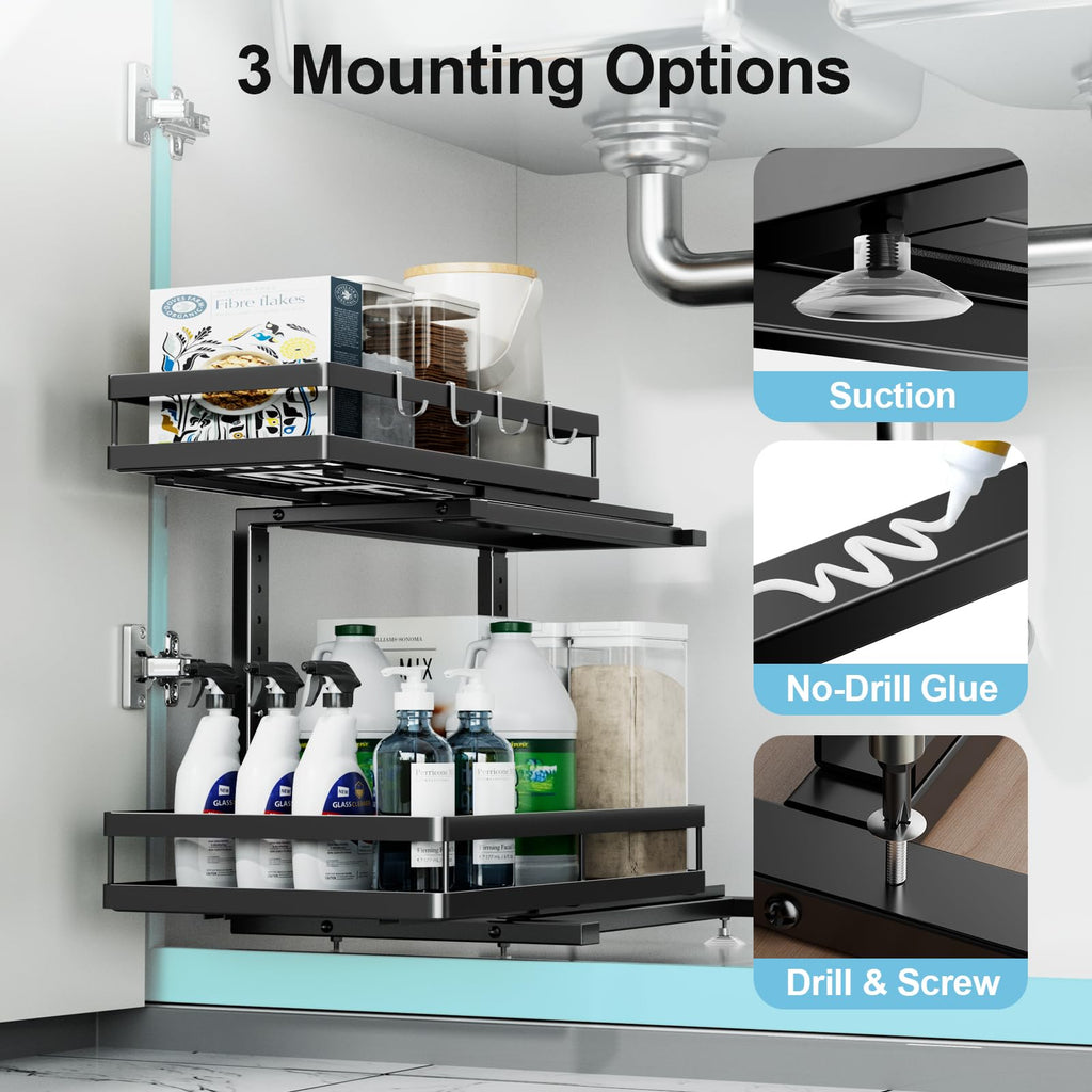 Under Sink Organizer, JCYLQ Dual-Rail Ball-Bearing, Under Kitchen Sink Organizer, 6-Level Adjustable, Under Cabinet Storage, No-Drill Adhesive/Suction, Under Sink Organizers and Storage (2-Pack)