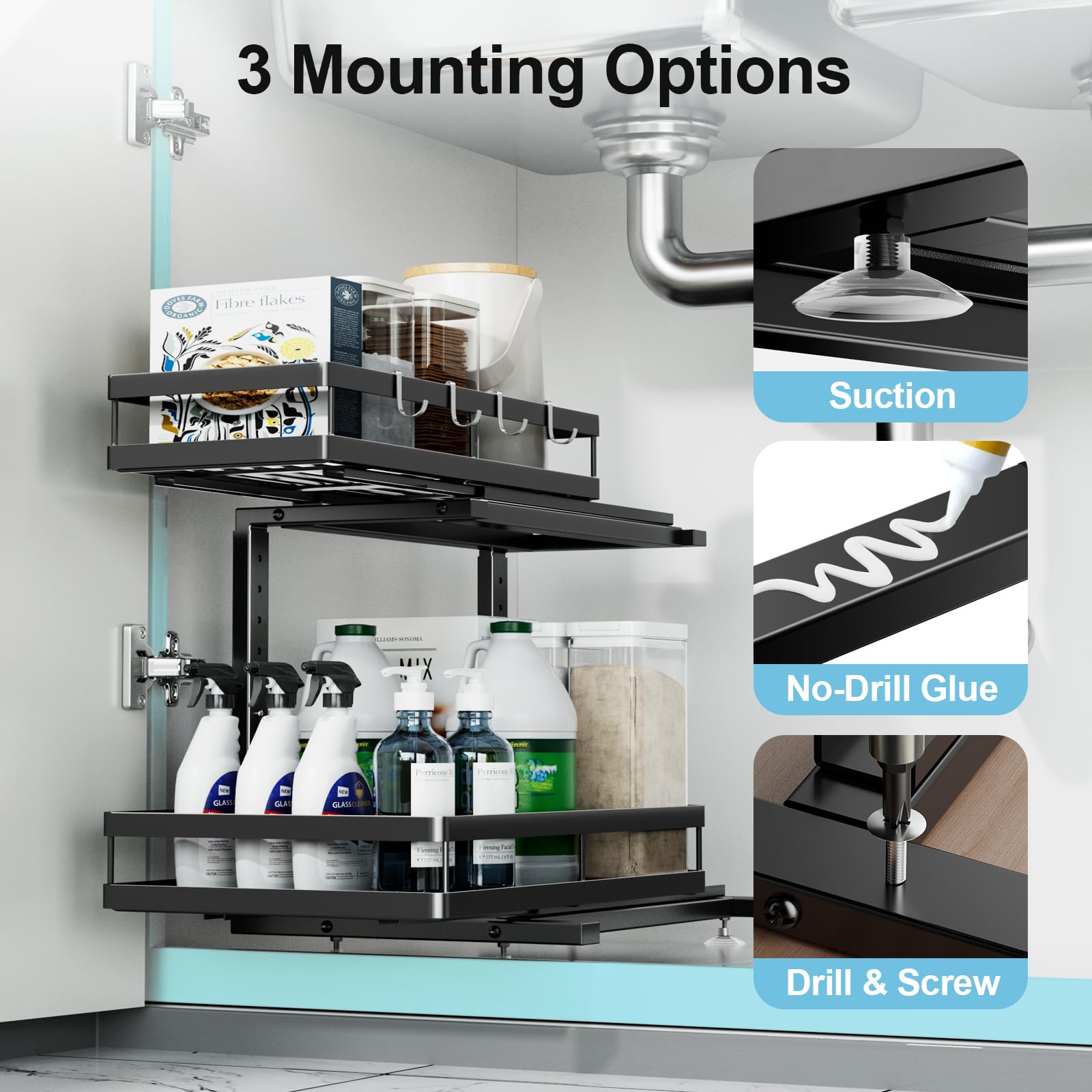 Under Sink Organizer, JCYLQ Dual-Rail Ball-Bearing, Under Kitchen Sink Organizer, 6-Level Adjustable, Under Cabinet Storage, No-Drill Adhesive/Suction, Under Sink Organizers and Storage (2-Pack)