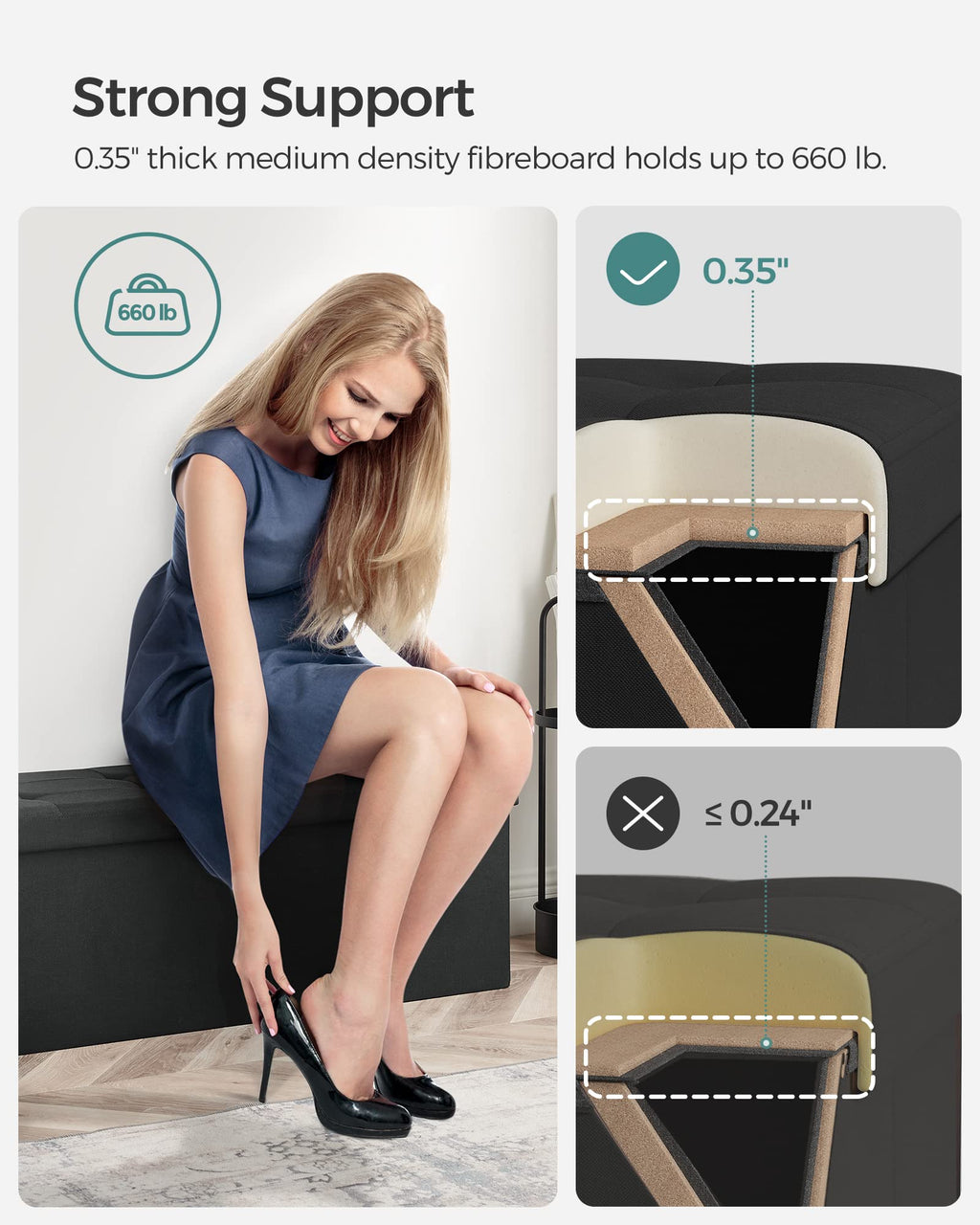 SONGMICS Mazie Collection - 30 Inches Folding Storage Ottoman Bench, Ottoman Foot Rest, End of Bed Bench, Storage Chest, Load 660 lb, for Living Room, Bedroom, Entryway, Ink Black ULSF047B01