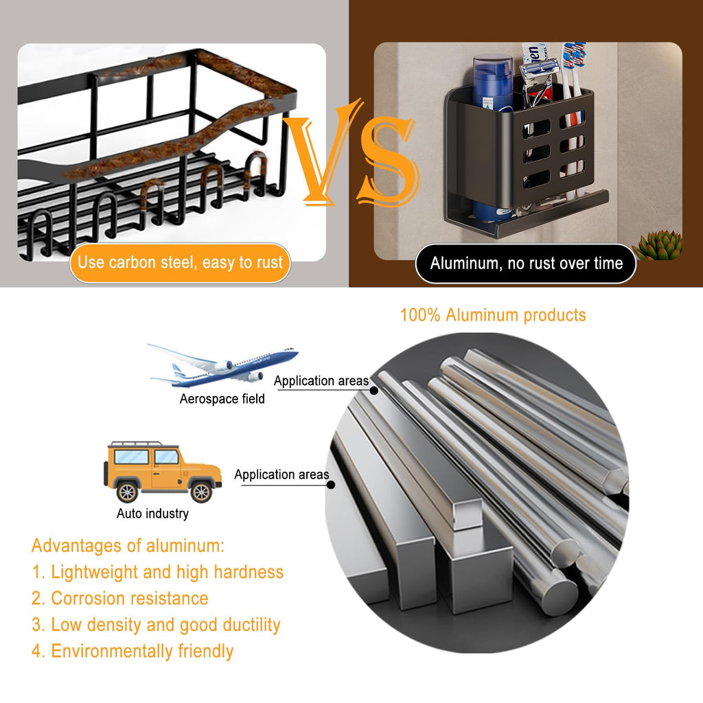 Aluminum Toothbrush Holder Self-Adhesive Hanging Bracket Shower Toothbrush Razor Holder Suitable for Toothbrush, Toothpaste, Razor and Comb etc Bathroom Storage