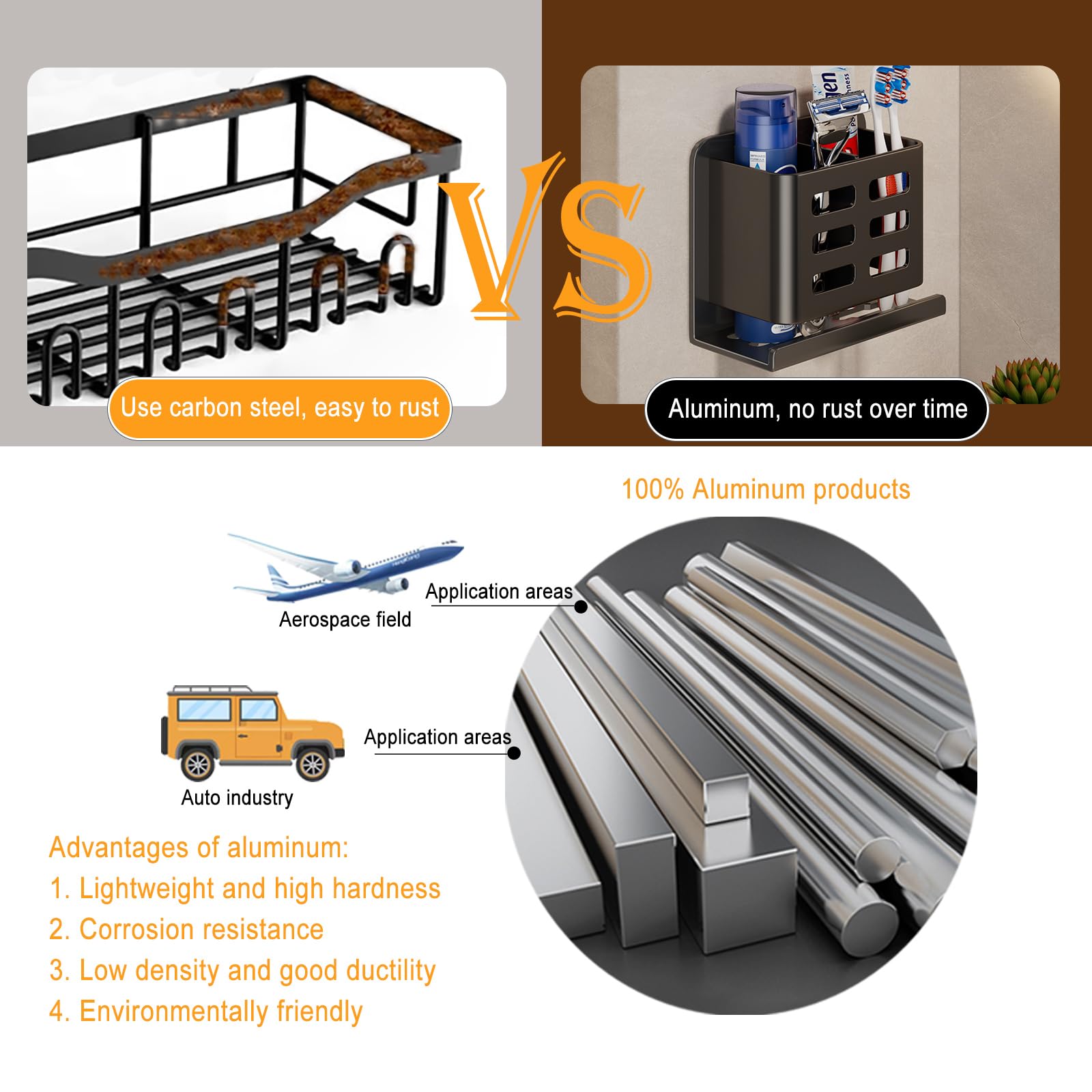 Aluminum Toothbrush Holder Self-Adhesive Hanging Bracket Shower Toothbrush Razor Holder Suitable for Toothbrush, Toothpaste, Razor and Comb etc Bathroom Storage