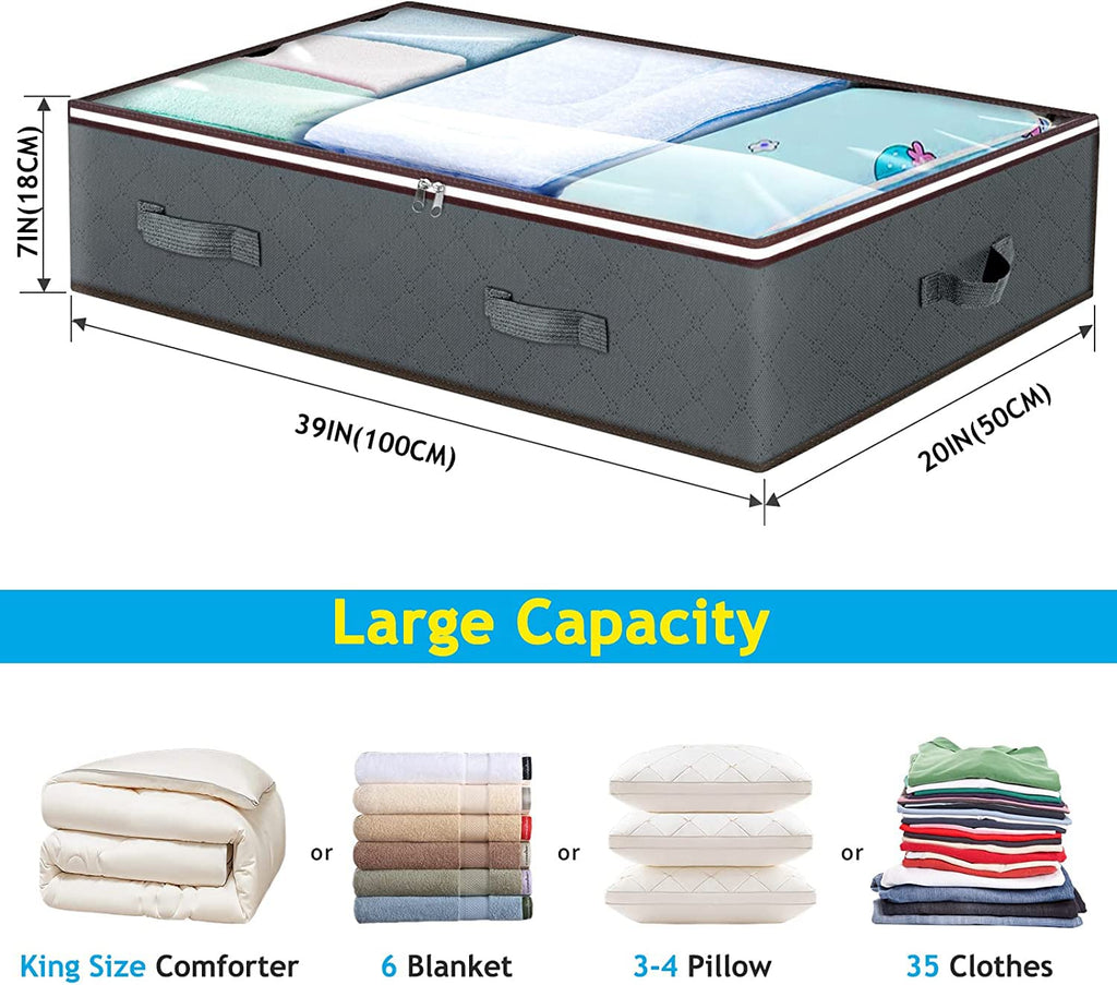 Budding Joy 90L Under Bed Storage Containers, Closet Organizers and Storage Bins, Foldable Underbed Storage Bags for Blanket, Clothing, Comforter, Sweaters, Pillows, Linen Sheets, Wrapping Paper, Grey