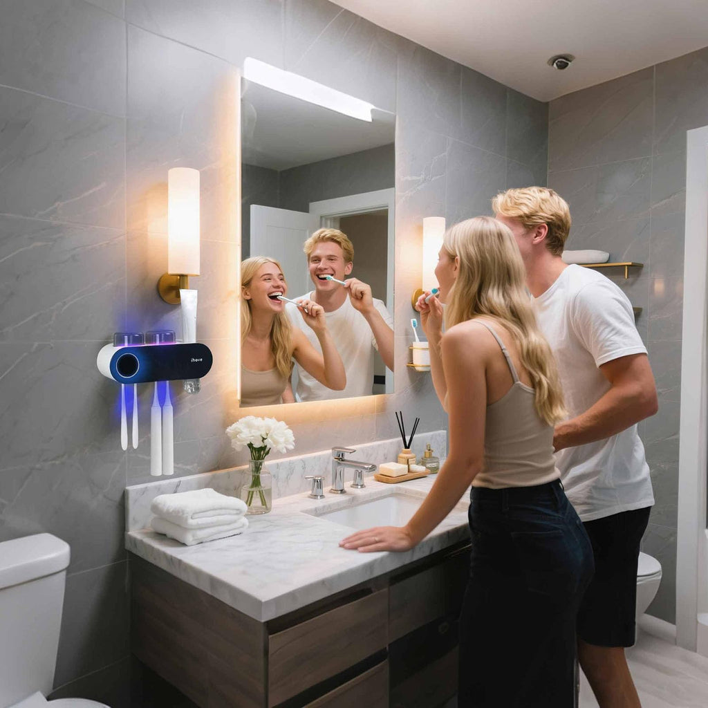 iHave Wall Mounted Electric Toothbrush Holders with 3 Cups, UV Sanitizer, Toothpaste Dispenser, Smart Home Bathroom Accessories & Decor, Black