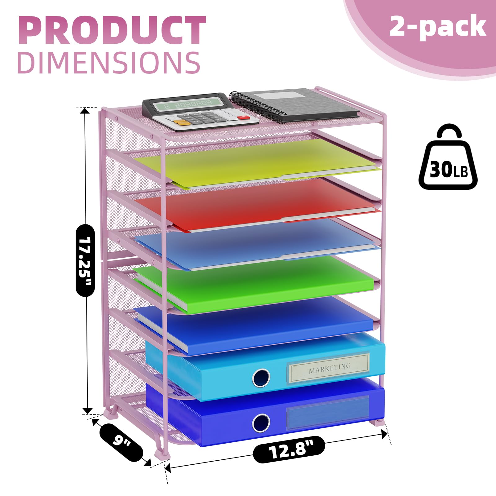 Simple Trending 7 Tier Desk File Organizer, Letter Tray Paper Organizer with Pen Holder and Metal Hanging Basket, Black