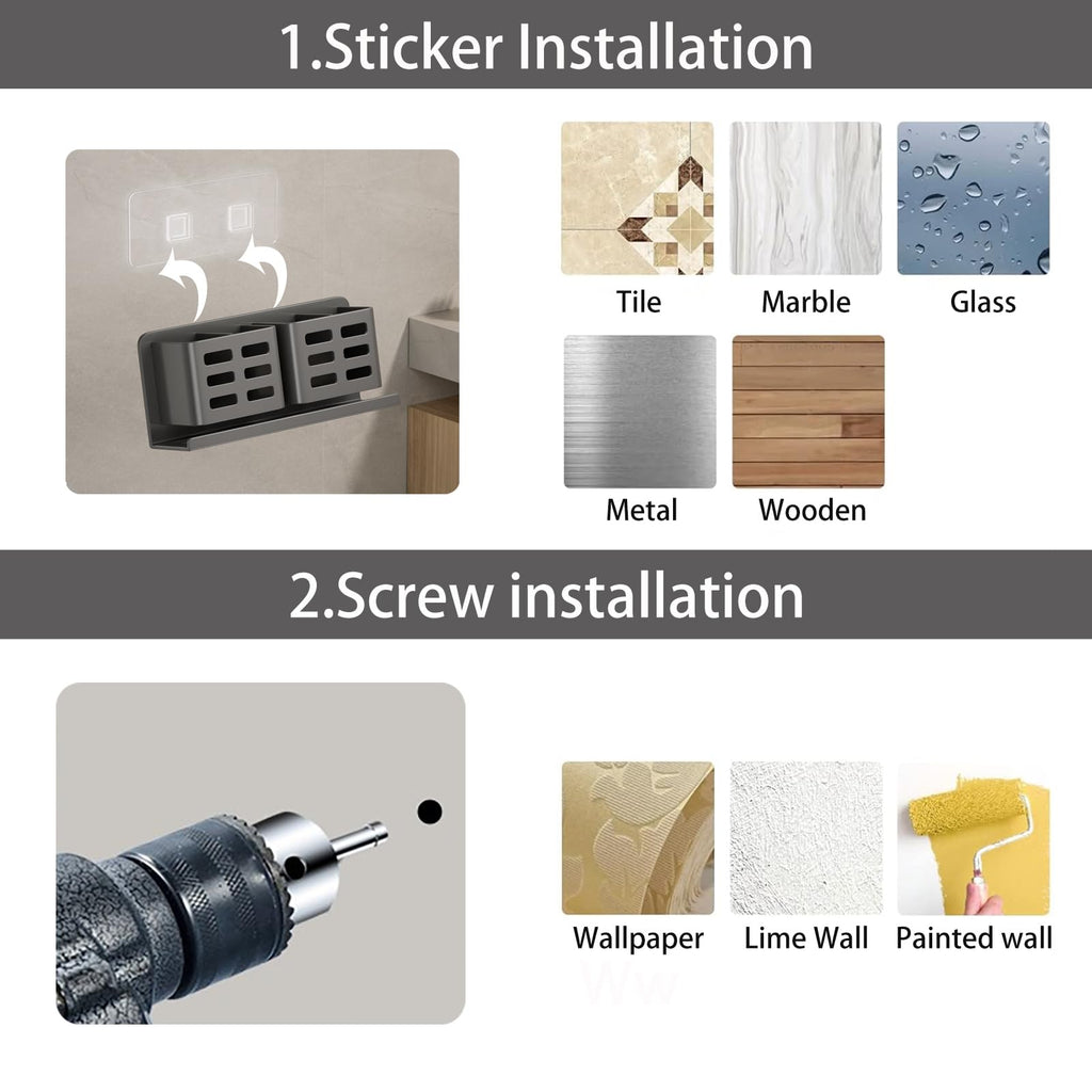 Aluminum Toothbrush Holder Self-Adhesive Hanging Bracket Shower Toothbrush Razor Holder Suitable for Toothbrush, Toothpaste, Razor and Comb etc Bathroom Storage