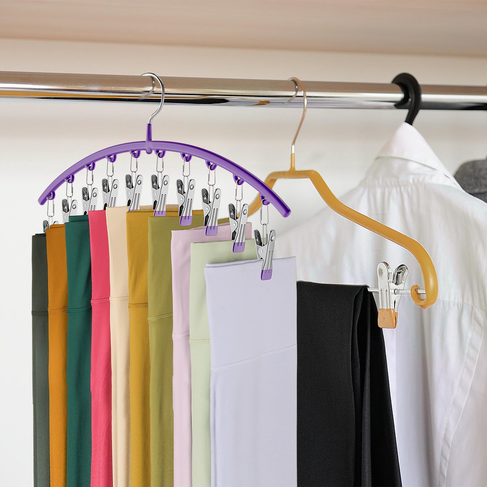 Legging Organizer for Closet, Metal Yoga Pants Hangers 2 Pack w/10 Clips Holds 20 Leggings, Space Saving Hanging Closet Organizer w/Rubber Coated Closet Organizers and Storage, Black