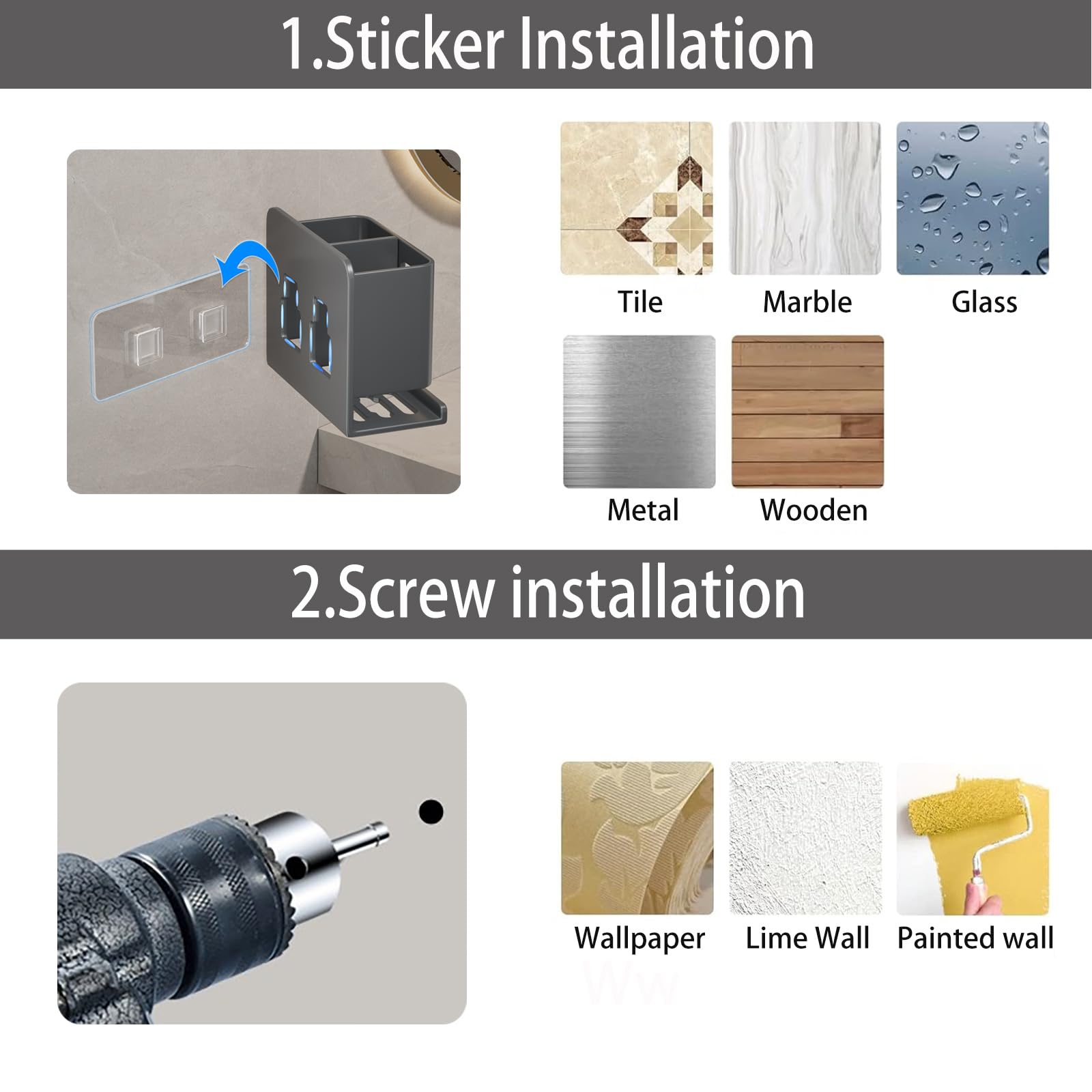 Aluminum Toothbrush Holder Self-Adhesive Hanging Bracket Shower Toothbrush Razor Holder Suitable for Toothbrush, Toothpaste, Razor and Comb etc Bathroom Storage