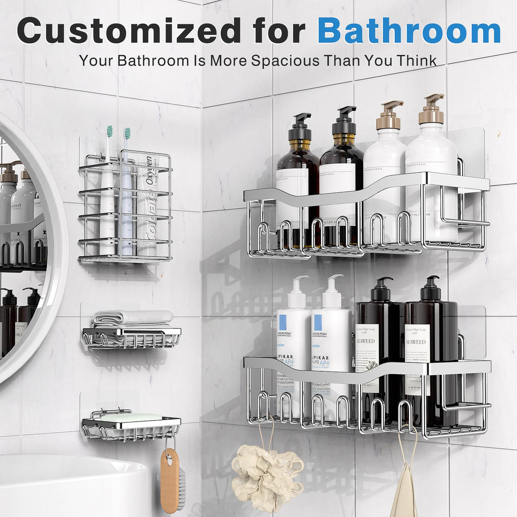 EUDELE Adhesive Shower Caddy, 5 Pack Rustproof Stainless Steel Bath Organizers With Large Capacity, No Drilling Shelves for Bathroom Storage & Home Decor