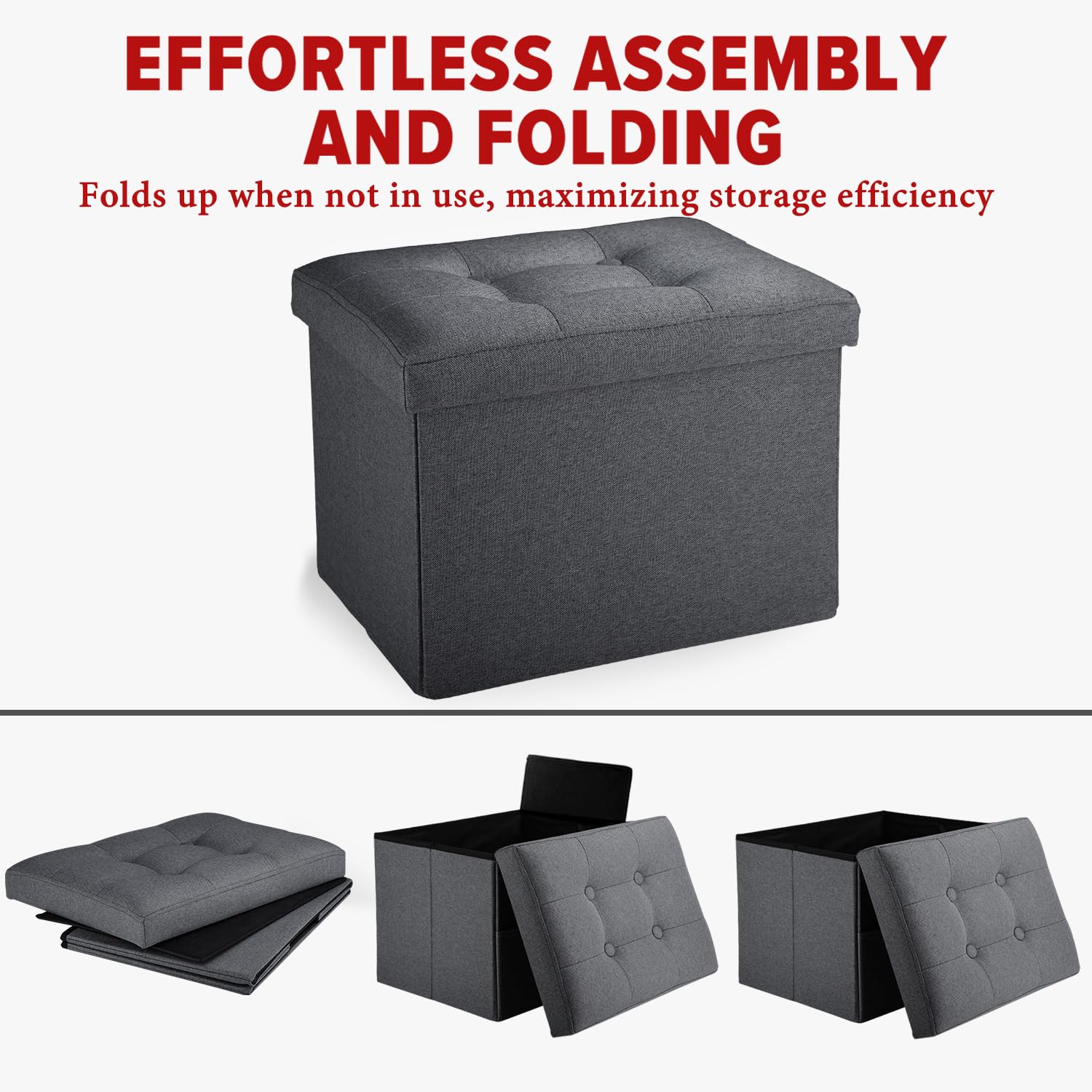 LINMAGCO Ottoman Storage Ottoman with Storage Small Foot Rest Stool Under Desk Stool Short Folding Footrest Linen Cloth Dark Gray 16X12X12IN