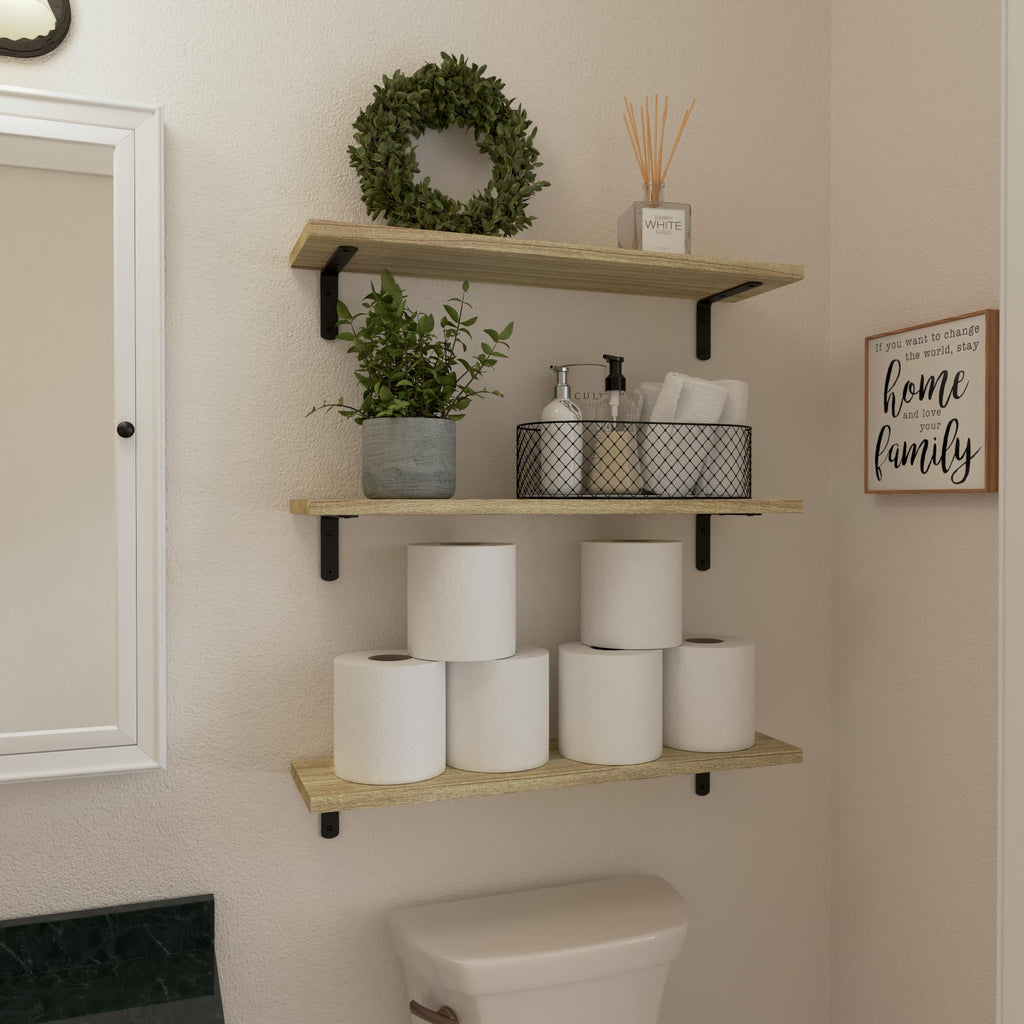 WOPITUES Wood Floating Shelves Set of 6, Shelves for Wall Decor, Farmhouse Shelf for Bedroom, Bathroom Storage Shelves, Book Shelves for Living Room - Rustic Brown