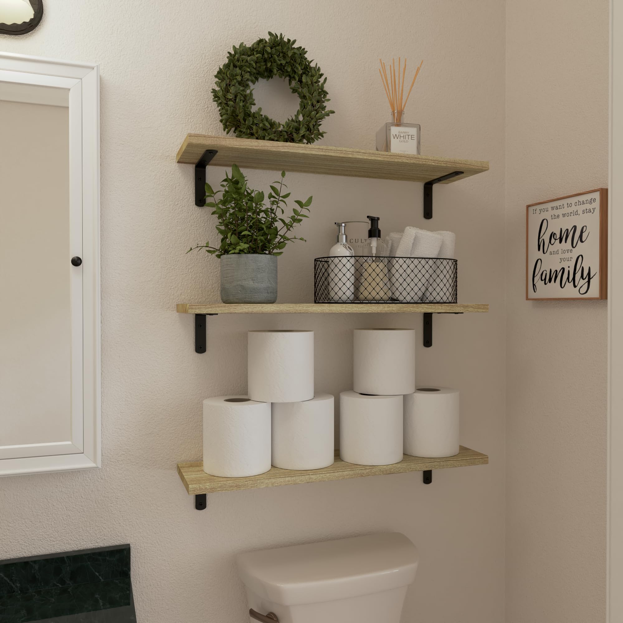 WOPITUES Wood Floating Shelves Set of 6, Shelves for Wall Decor, Farmhouse Shelf for Bedroom, Bathroom Storage Shelves, Book Shelves for Living Room - Rustic Brown