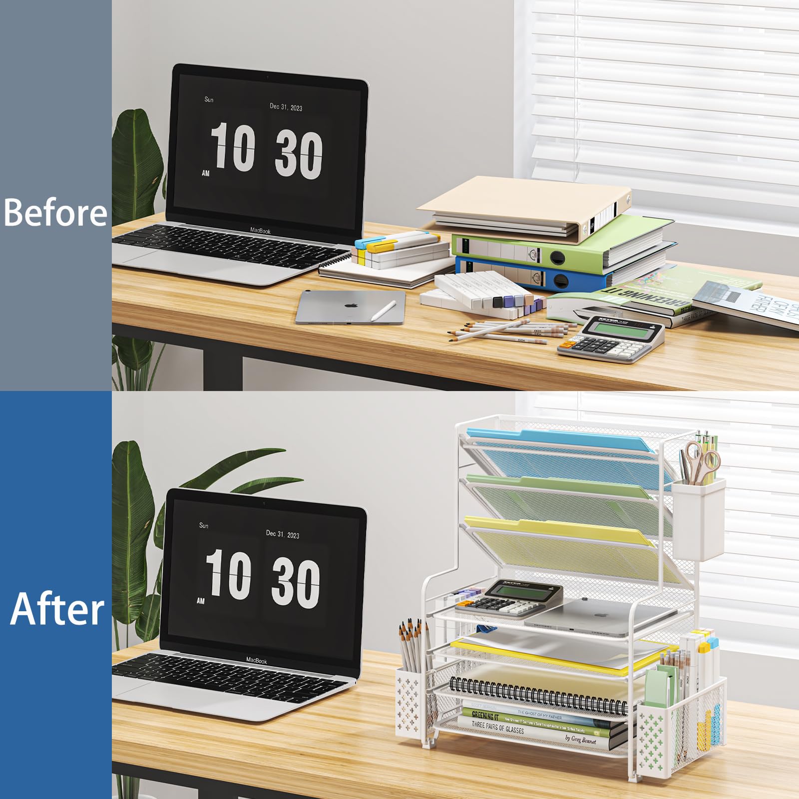 Simple Trending 7 Tier Desk File Organizer, Letter Tray Paper Organizer with Pen Holder and Metal Hanging Basket, Black