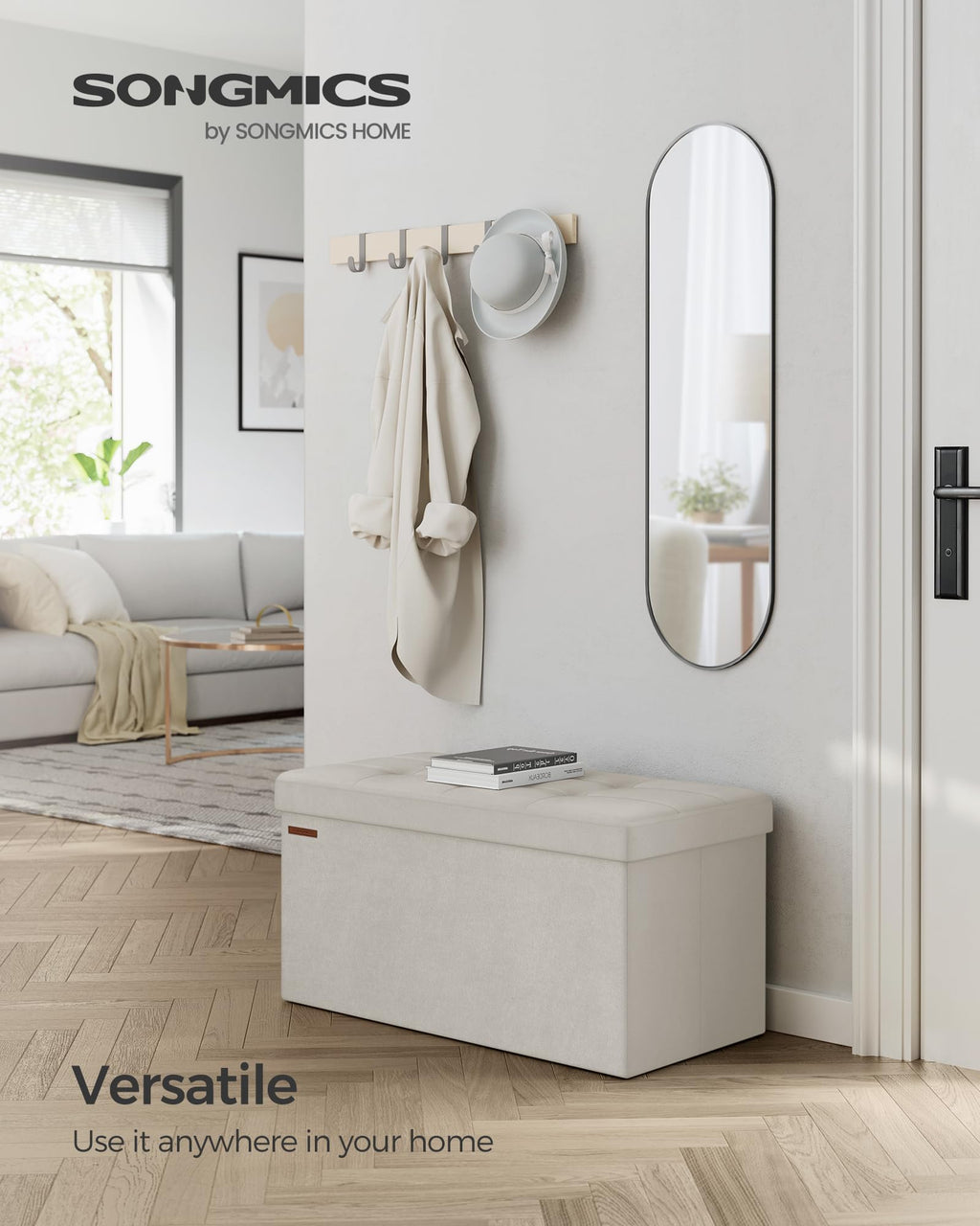 SONGMICS Mazie Collection - Storage Ottoman Bench, Foldable Foot Rest, 15 x 43 x 15 Inches, End of Bed Bench, Storage Chest, Load 660 lb, Living Room, Bedroom, Entryway, Jelly Pink ULSF277R01